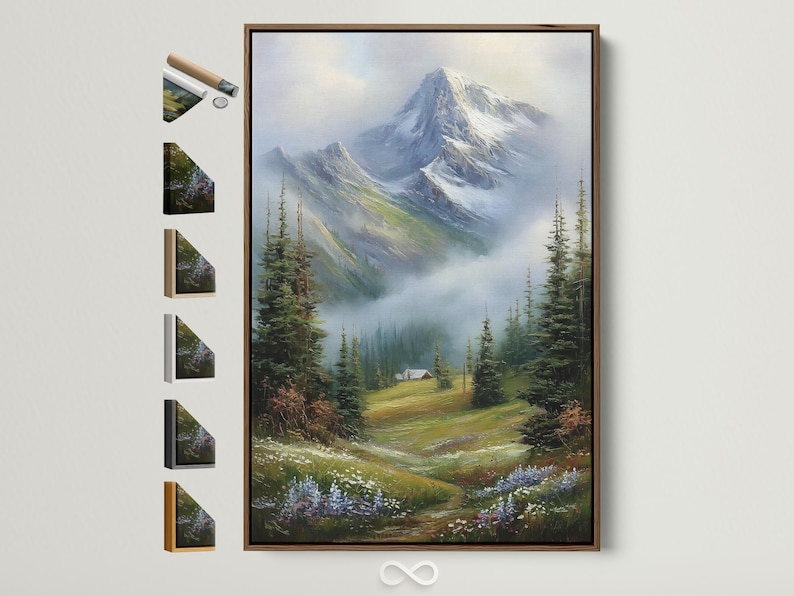 Snowy mountain landscape painting with evergreen trees and a small cabin in a misty valley