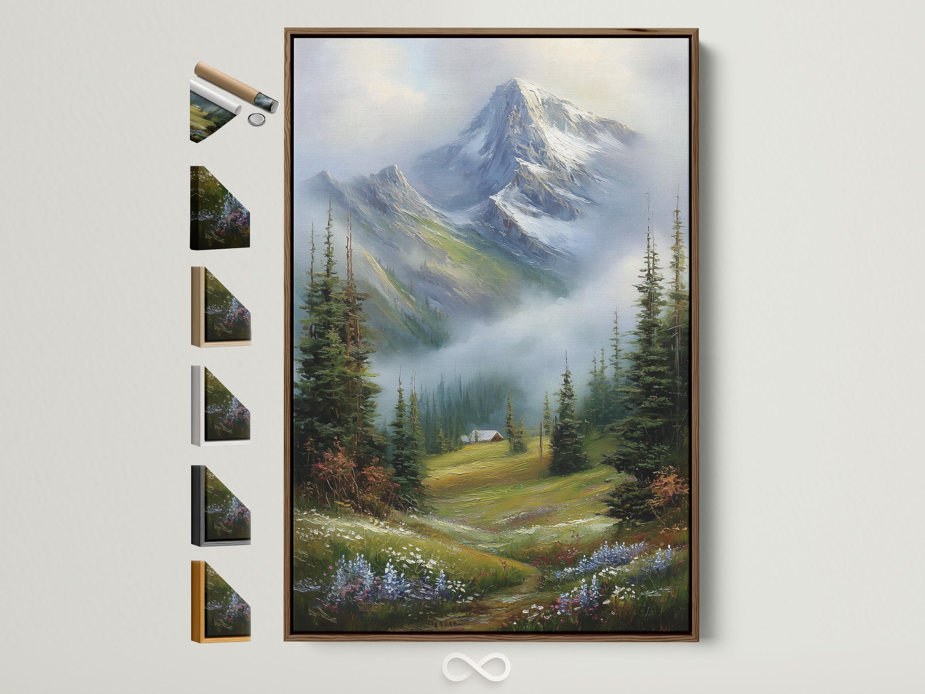 Snowy mountain landscape painting with evergreen trees and a small cabin in a misty valley