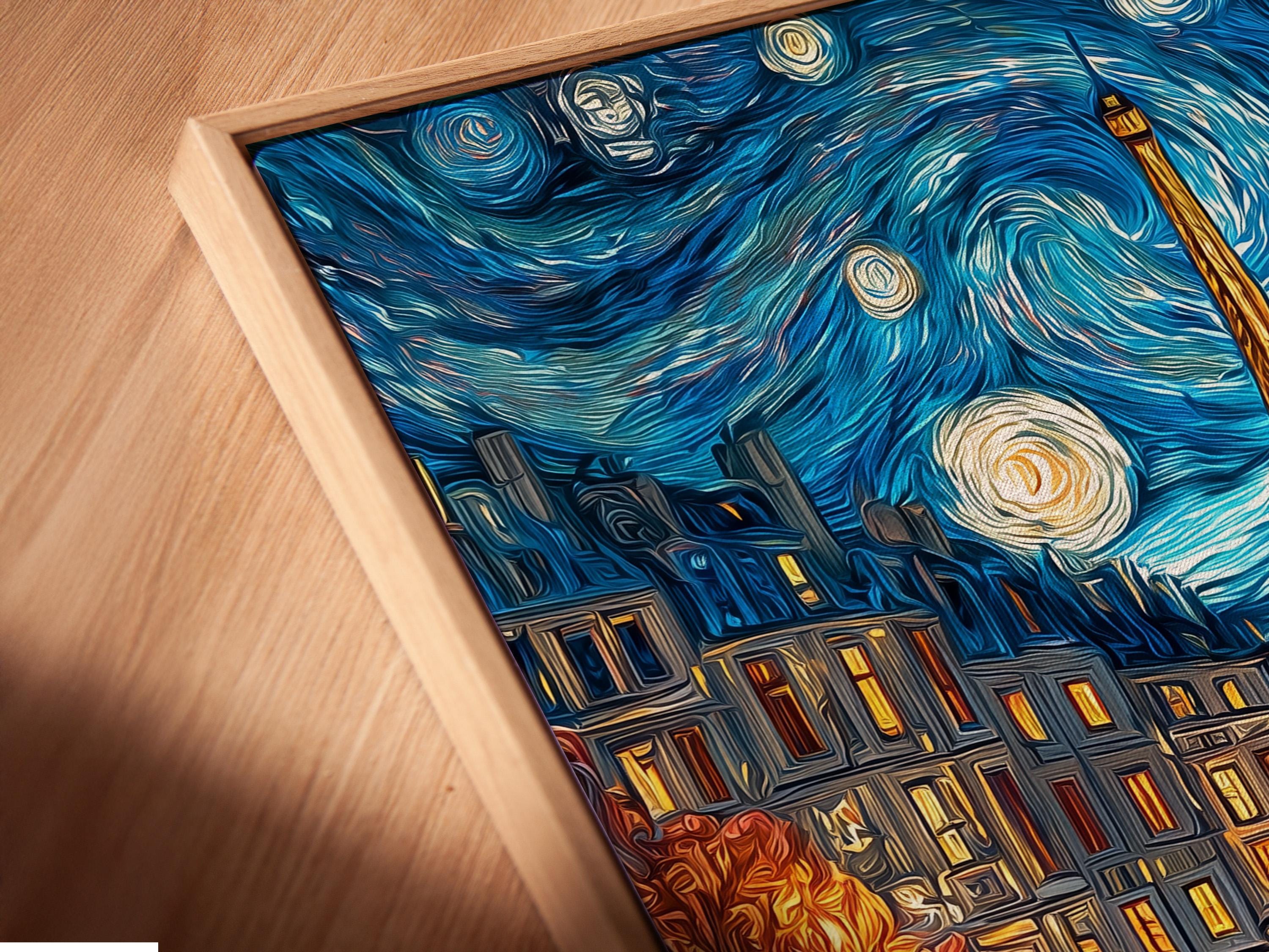 Woman hanging a framed night cityscape painting featuring the Eiffel Tower on a brick wall