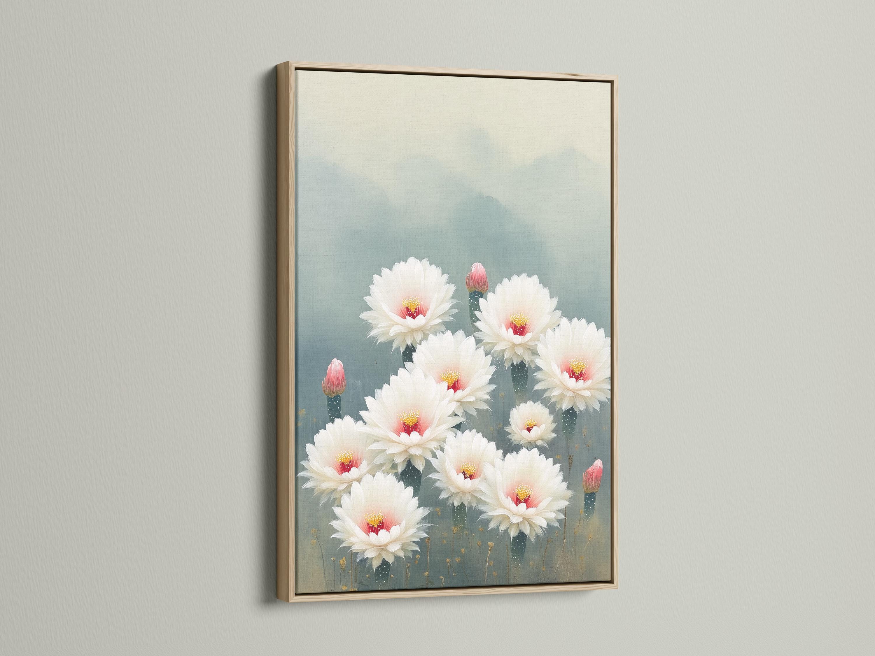White cactus flowers with pink-red centres and gold specks on a blue-grey background detail view