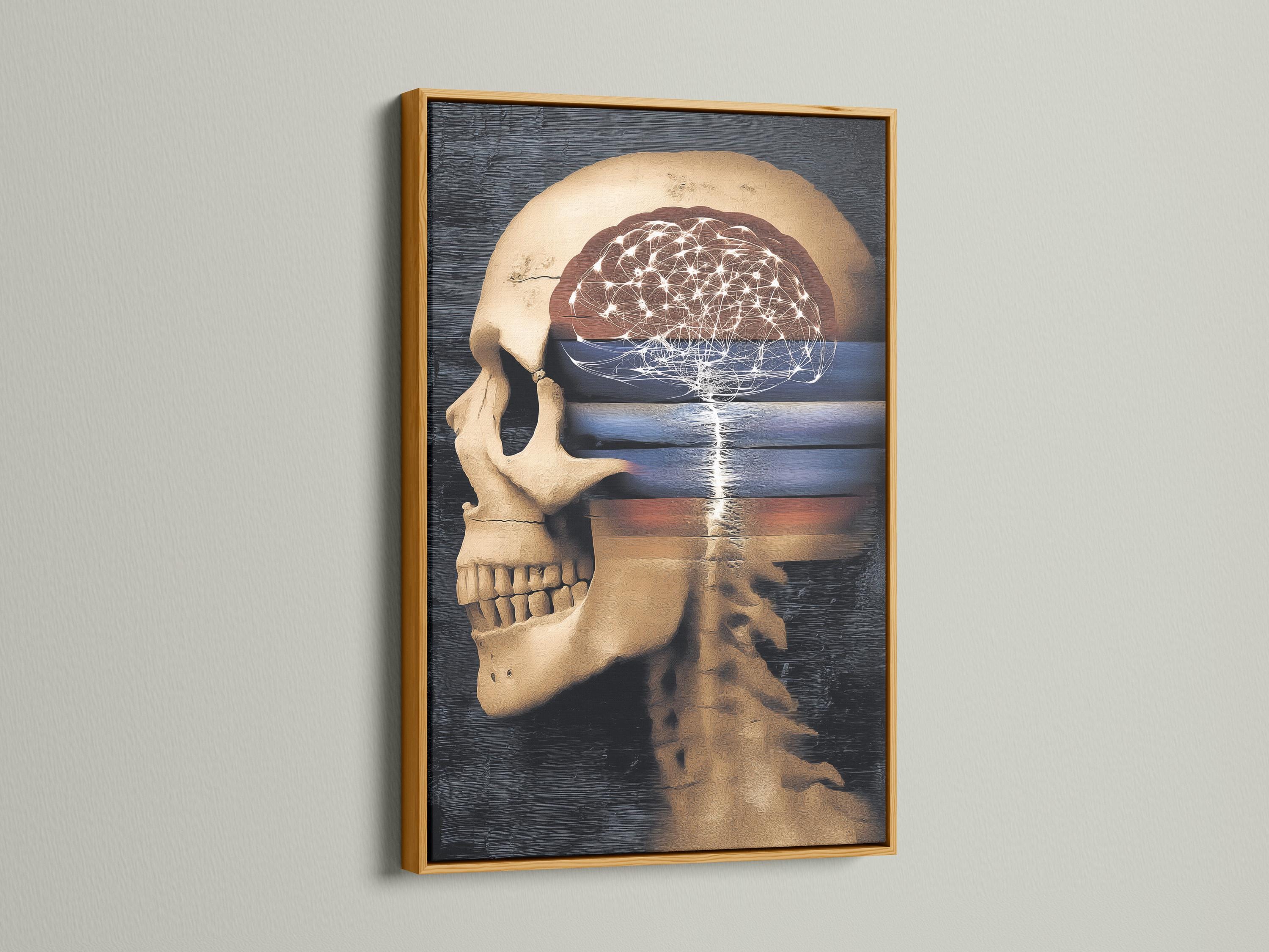 Wall mockup showing anatomical skull artwork with glowing neural lines