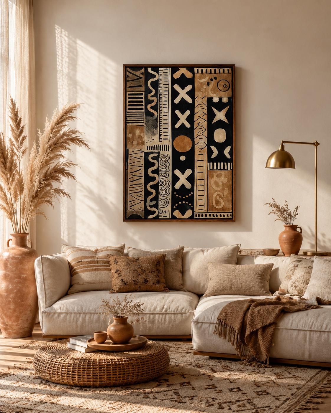 Living room mockup with a framed beige and black tribal abstract pattern above a sofa