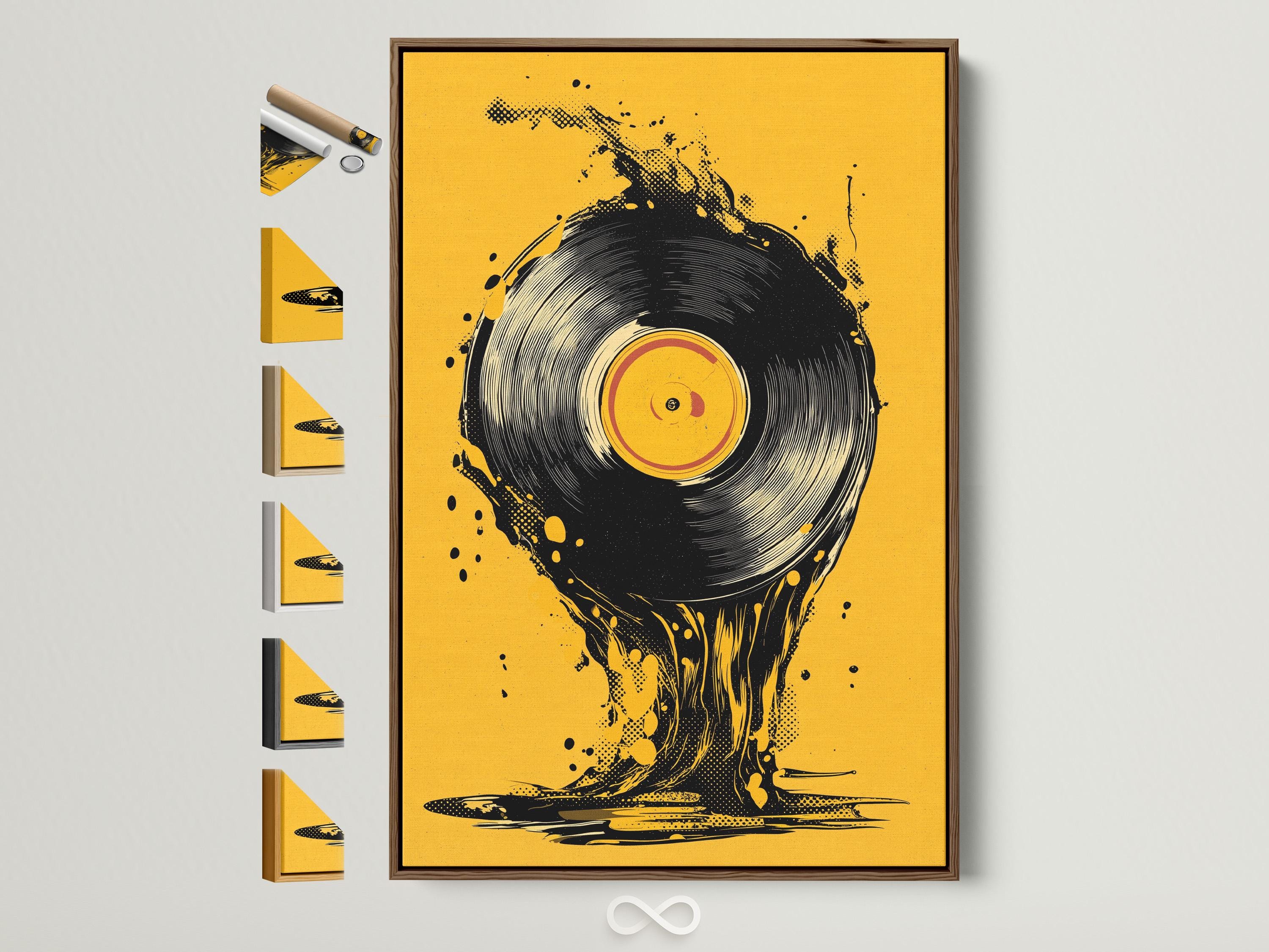 A man wearing headphones beside a music setup with a vinyl record artwork on a wall