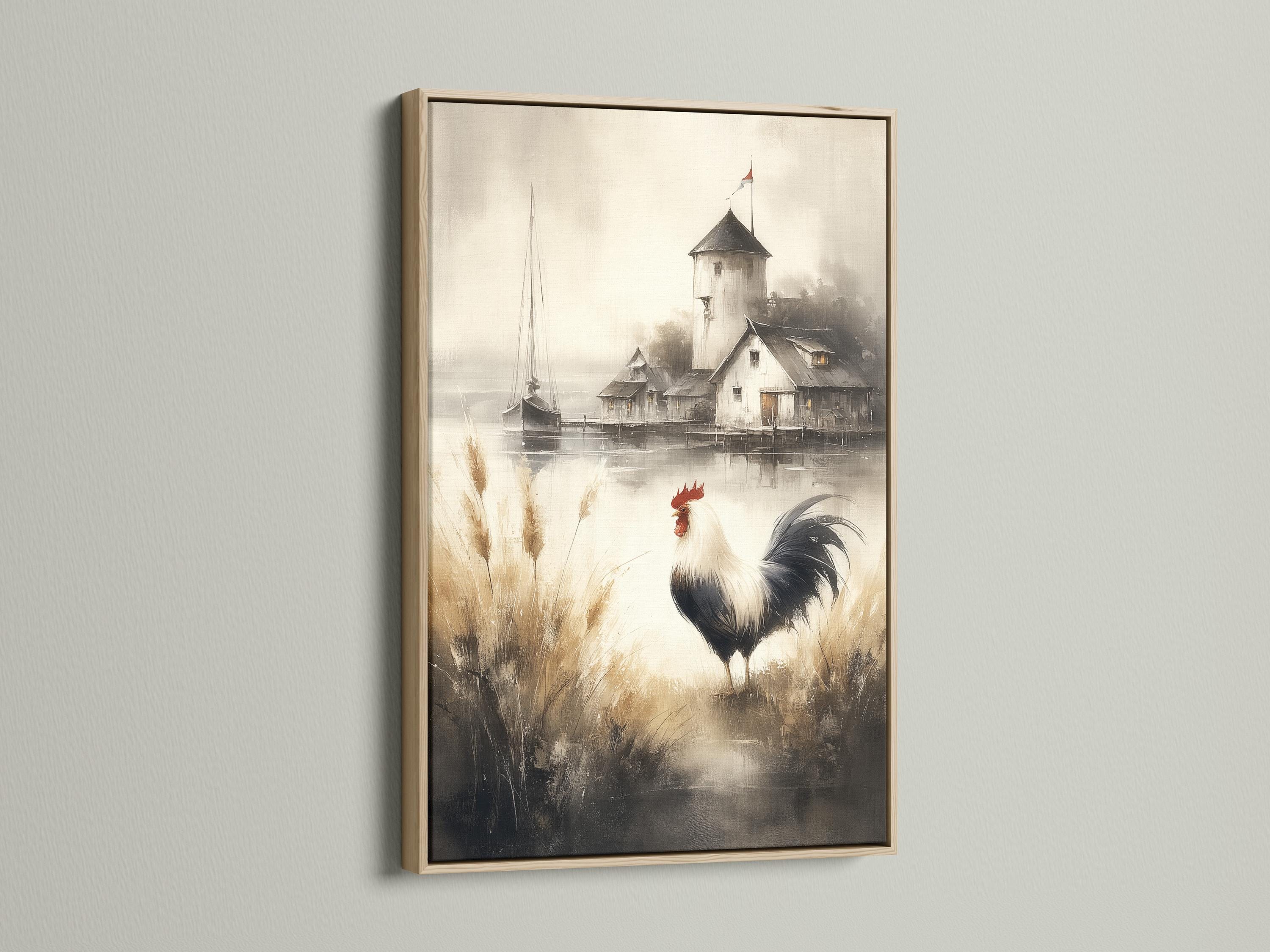 Rooster with red comb standing in tall grasses in a misty farm scene detail view