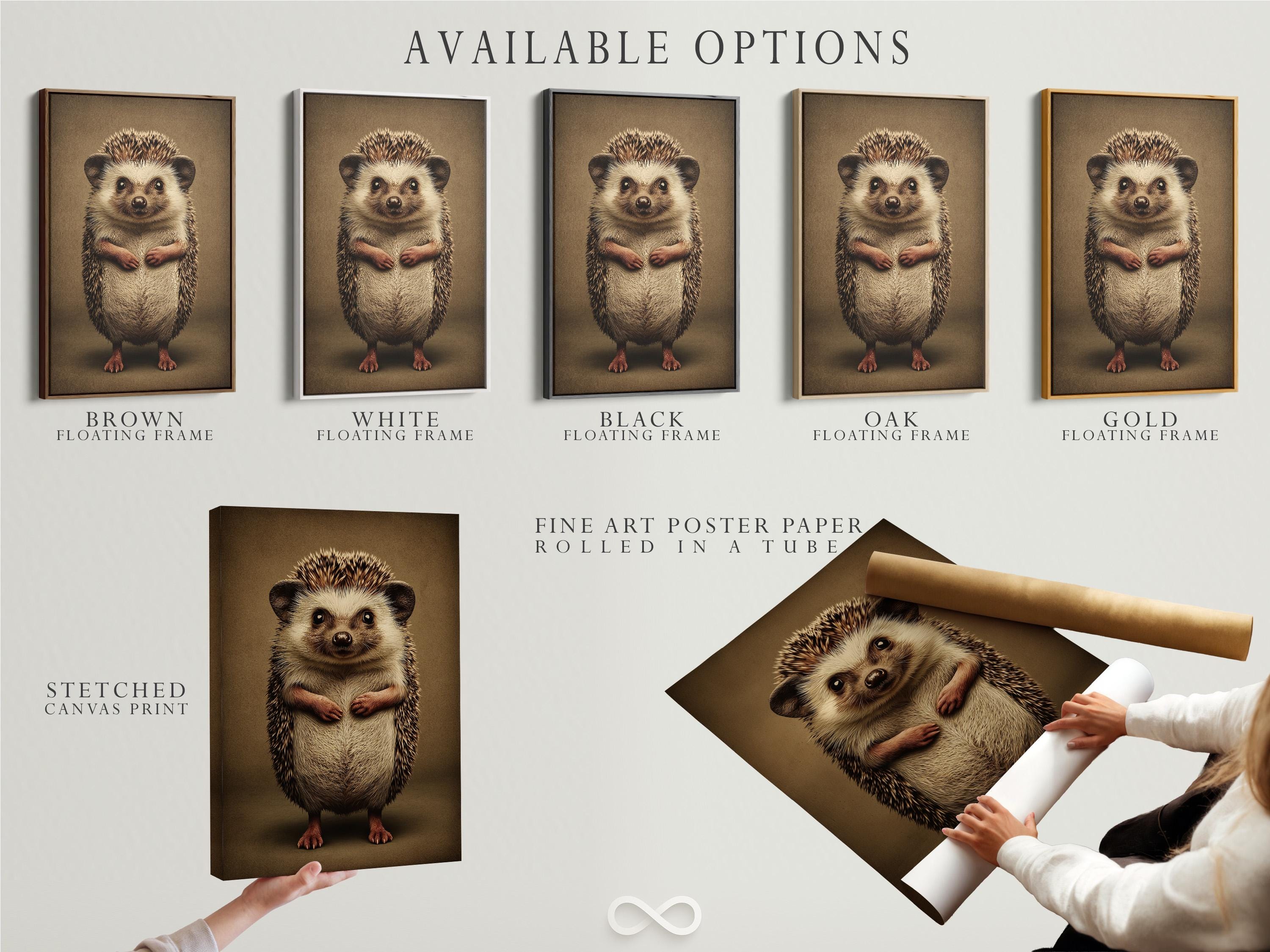 A beady-eyed hedgehog illustration sits centred on a warm brown background, with cream and darker brown fur texture and subtle red-brown paw accents