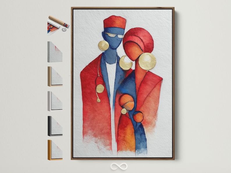 Red and blue doctor figures with gold accents in a watercolor style illustration on a light background