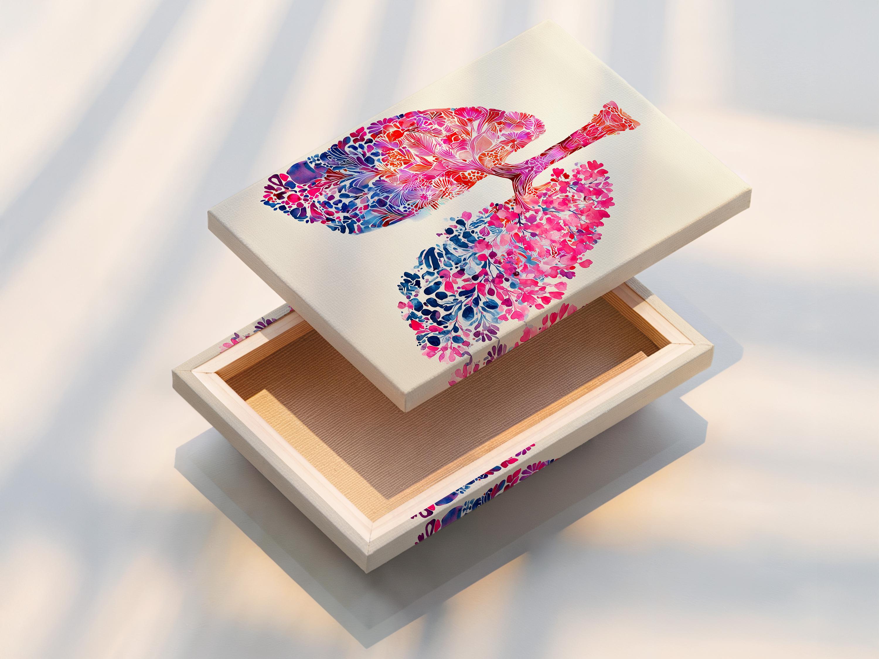 Room mockup showing a framed floral lungs artwork with pink and blue anatomy details