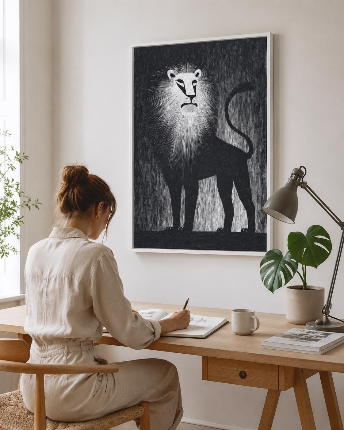 A person standing beside a framed black and white lion artwork in a modern interior