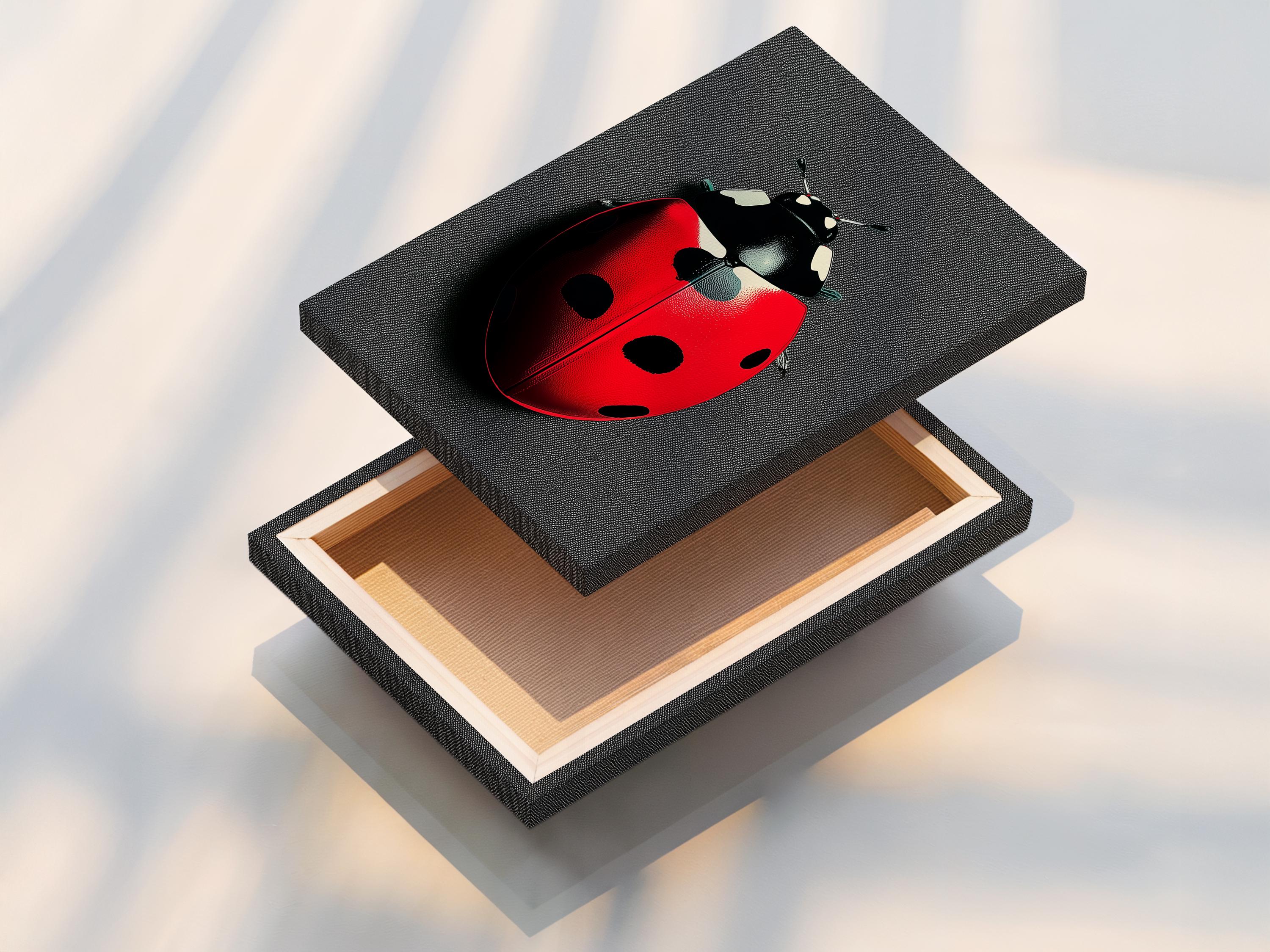 Ladybug beetle artwork displayed in a frame on a wall with hanging accessories to one side