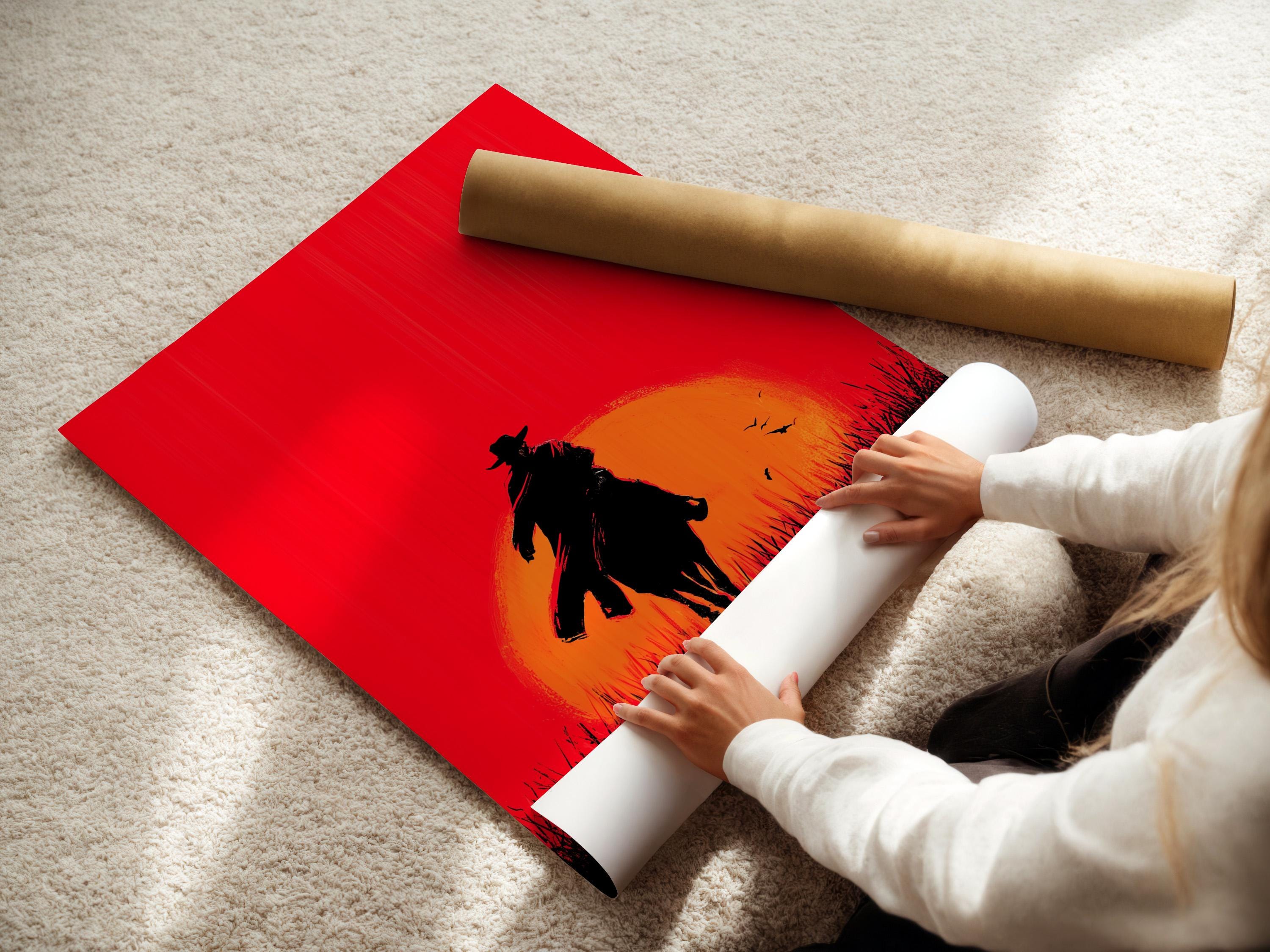 A framed artwork mockup showing a cowboy and horse silhouette at sunset against a red sky