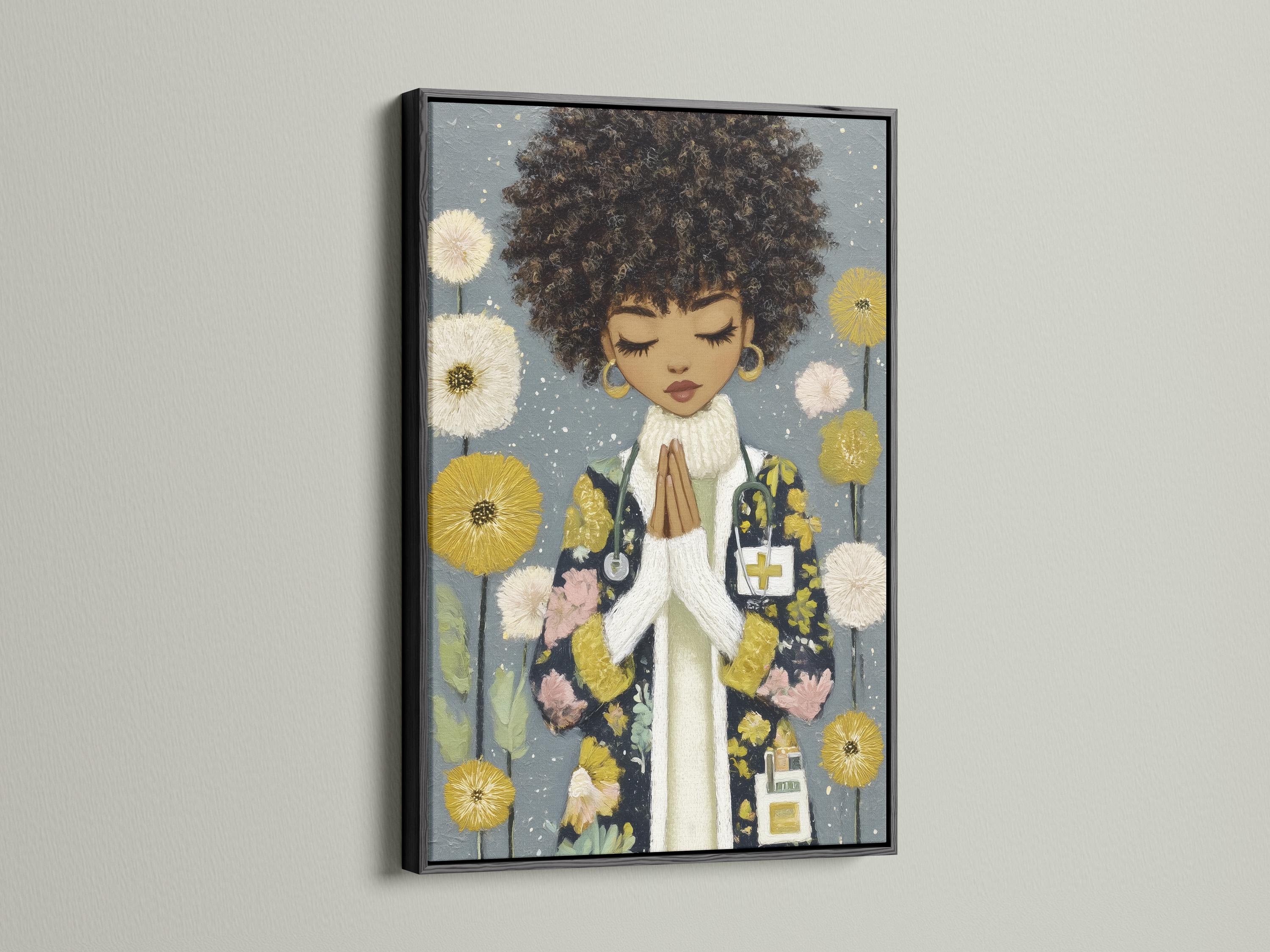 A stylised portrait of a praying woman appears in front of grey-blue flowers and gold sparkles, with closed eyes and hands held together detail view
