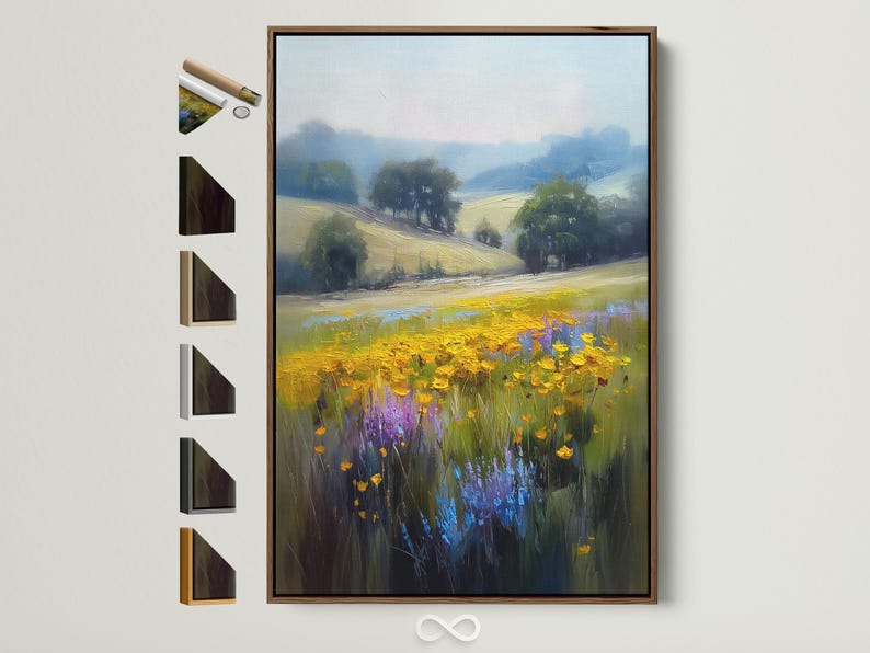 Impressionist meadow landscape with yellow flowers, green grasses and a blue cloudy sky