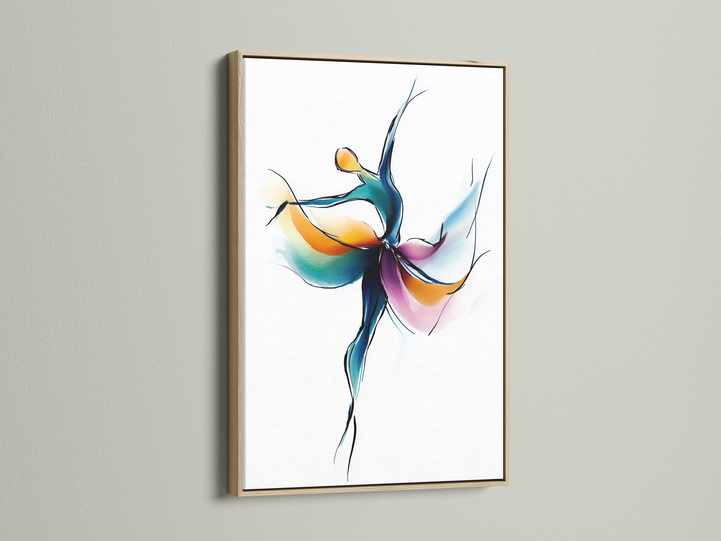Woman stretching in a dance studio with a framed abstract dancer artwork on the wall