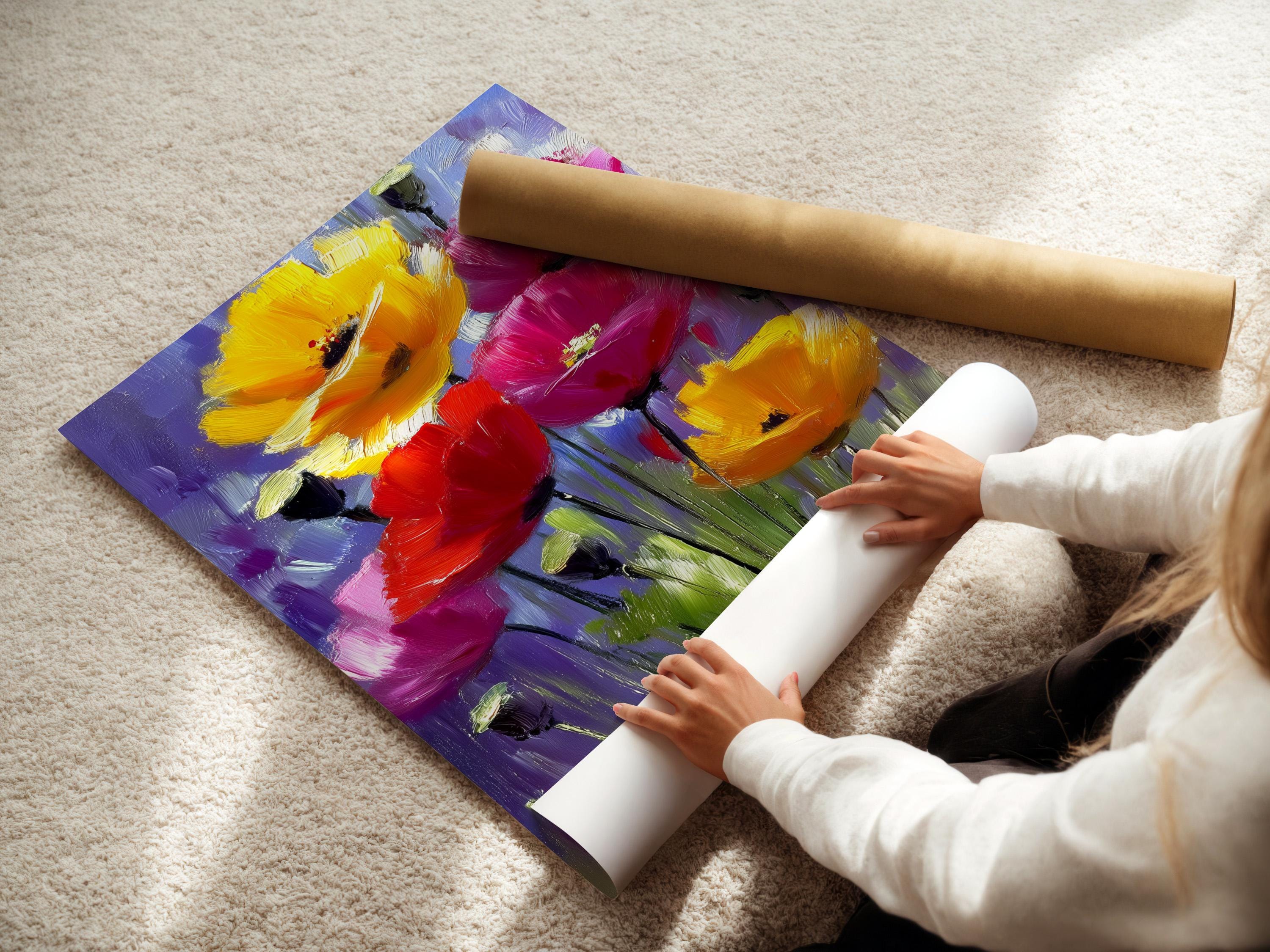 Painterly floral painting with purple, pink, red and yellow blooms and green stems detail view
