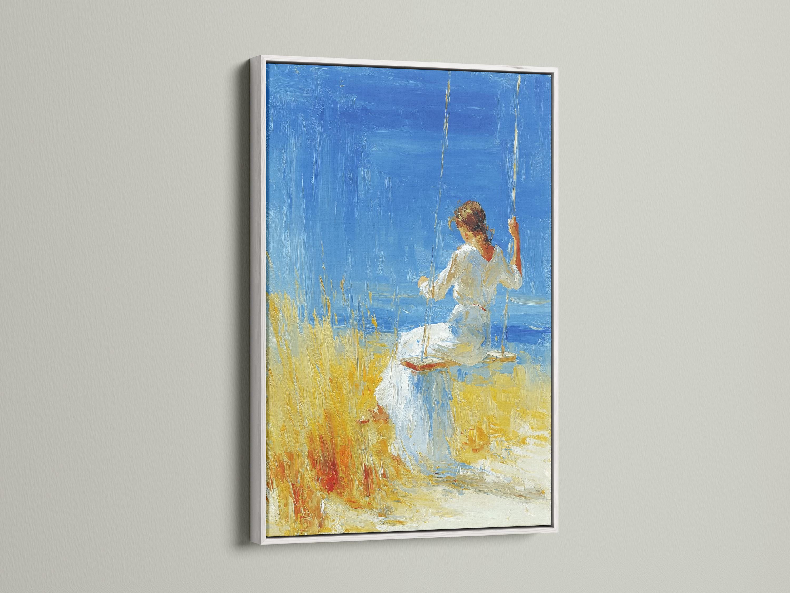Framed artwork featuring a woman on a swing against a bright blue sky, with yellow grass