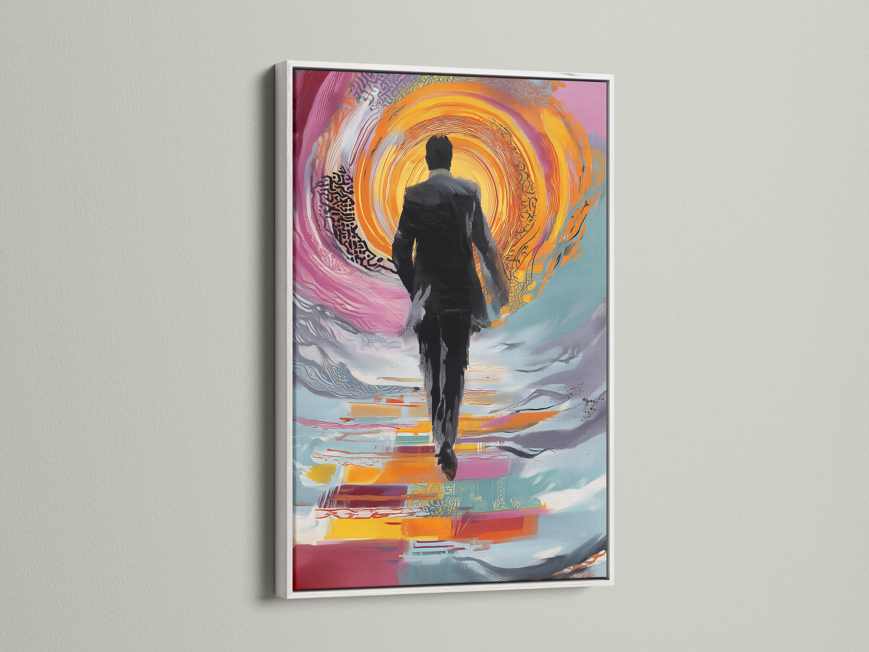 Person seated in a living room with a framed abstract man silhouette artwork on the wall