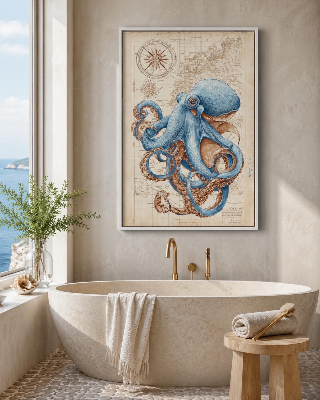 Blue octopus illustration over an antique beige nautical map with compass-like circles detail view