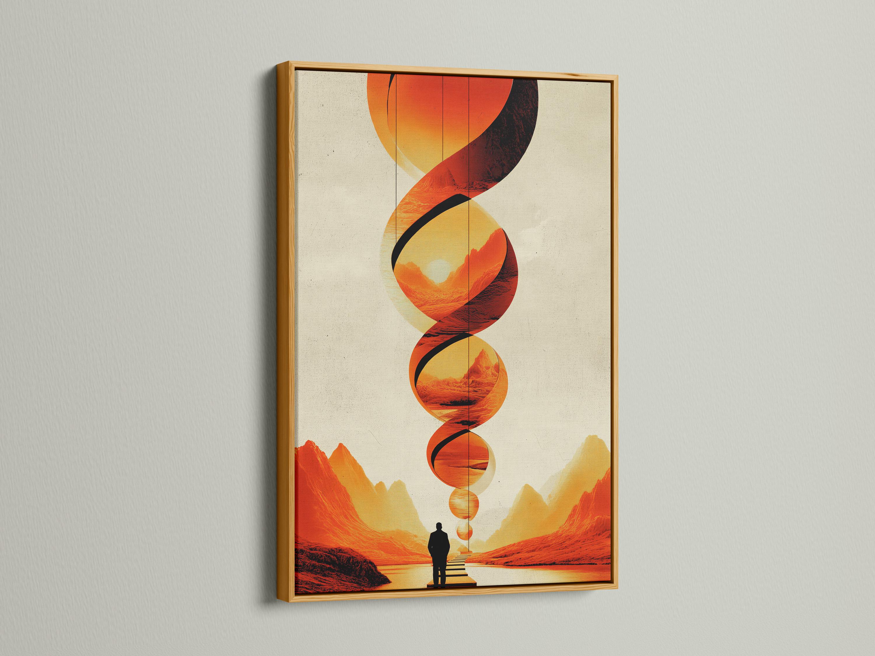 Surreal landscape with overlapping orange circles, black curved bands and a lone figure on a path detail view