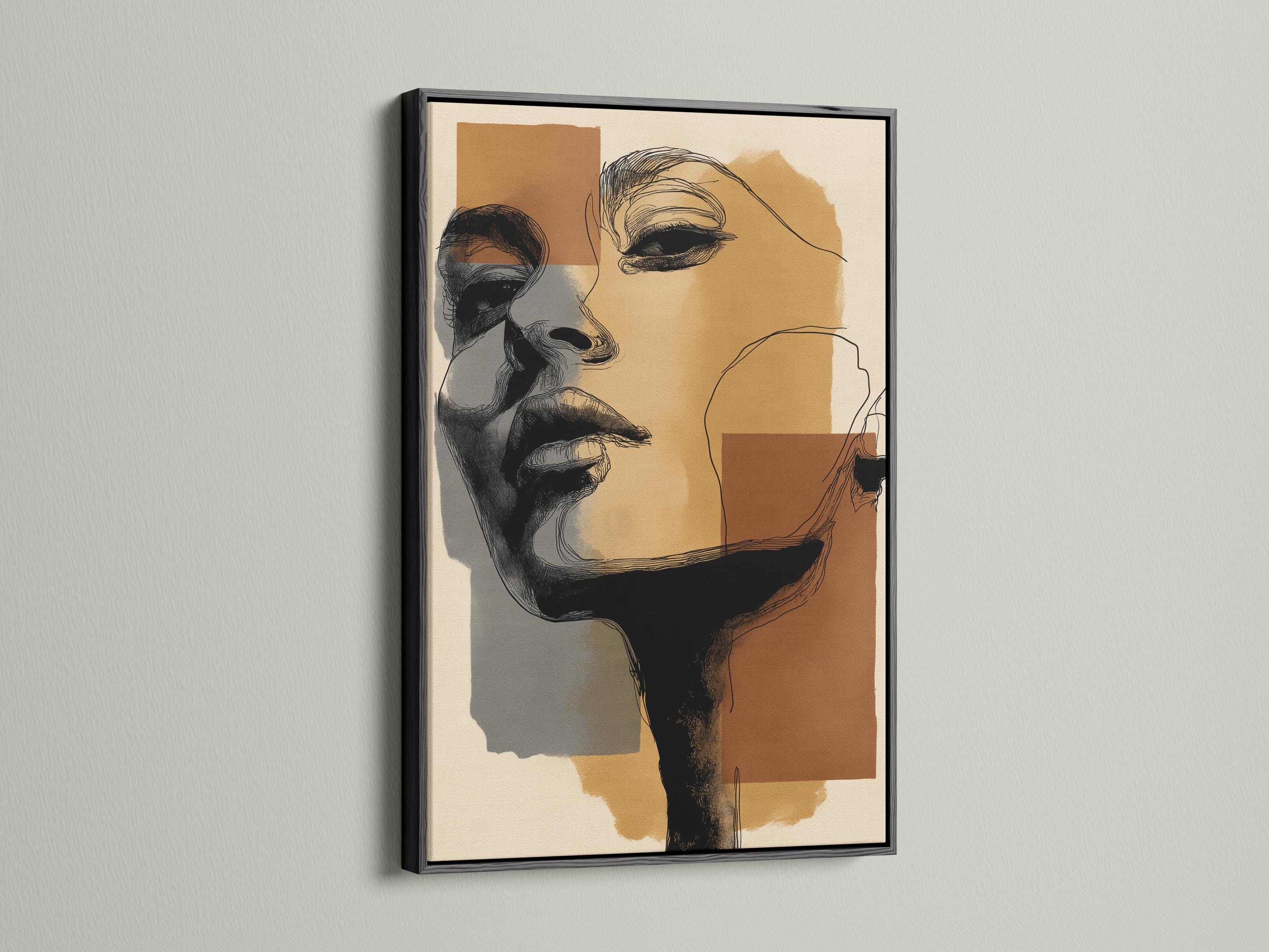 Room mockup showing a framed minimalist abstract face artwork with neutral earth-tone blocks