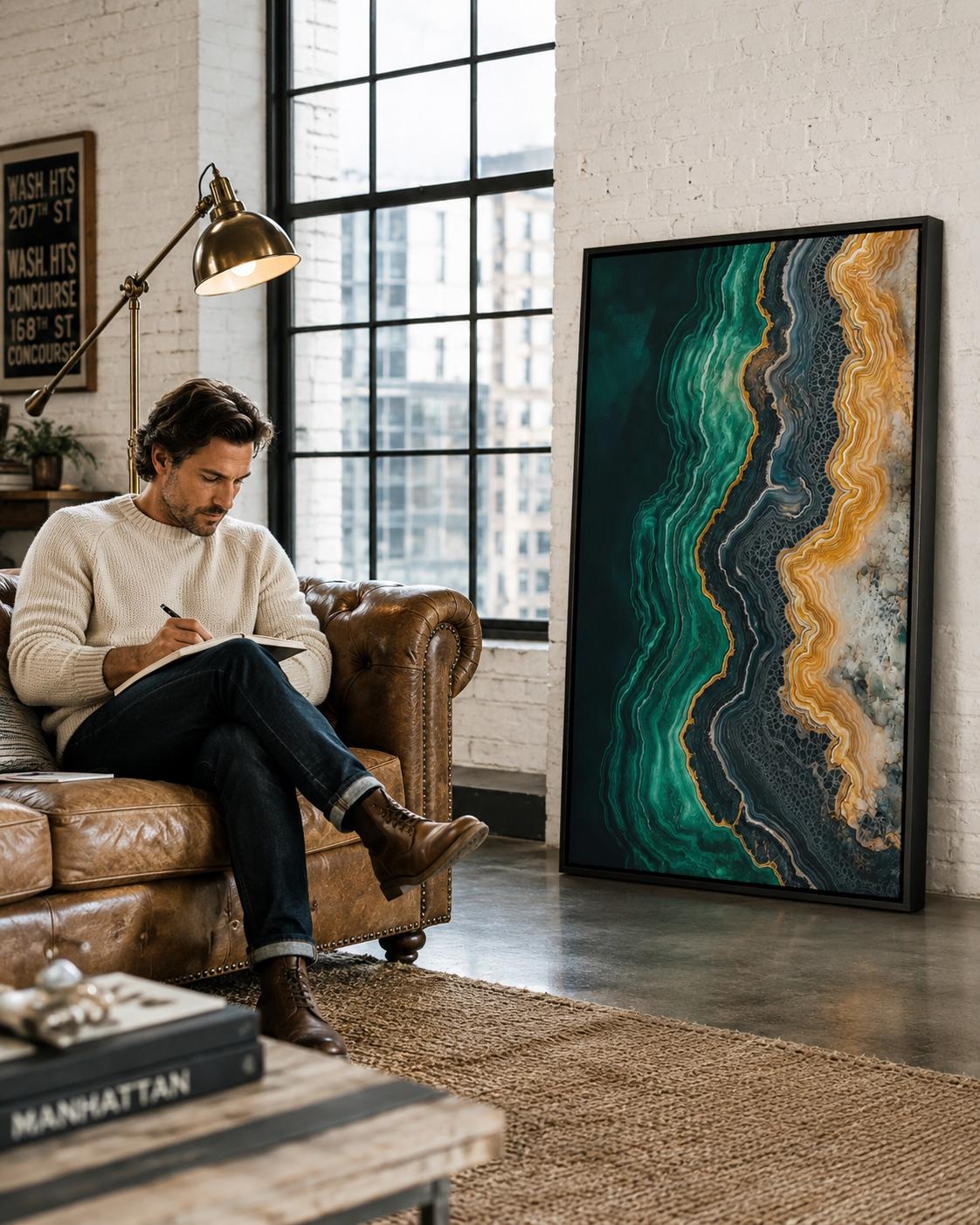 Office room mockup featuring a teal and gold abstract agate-style artwork on a wall