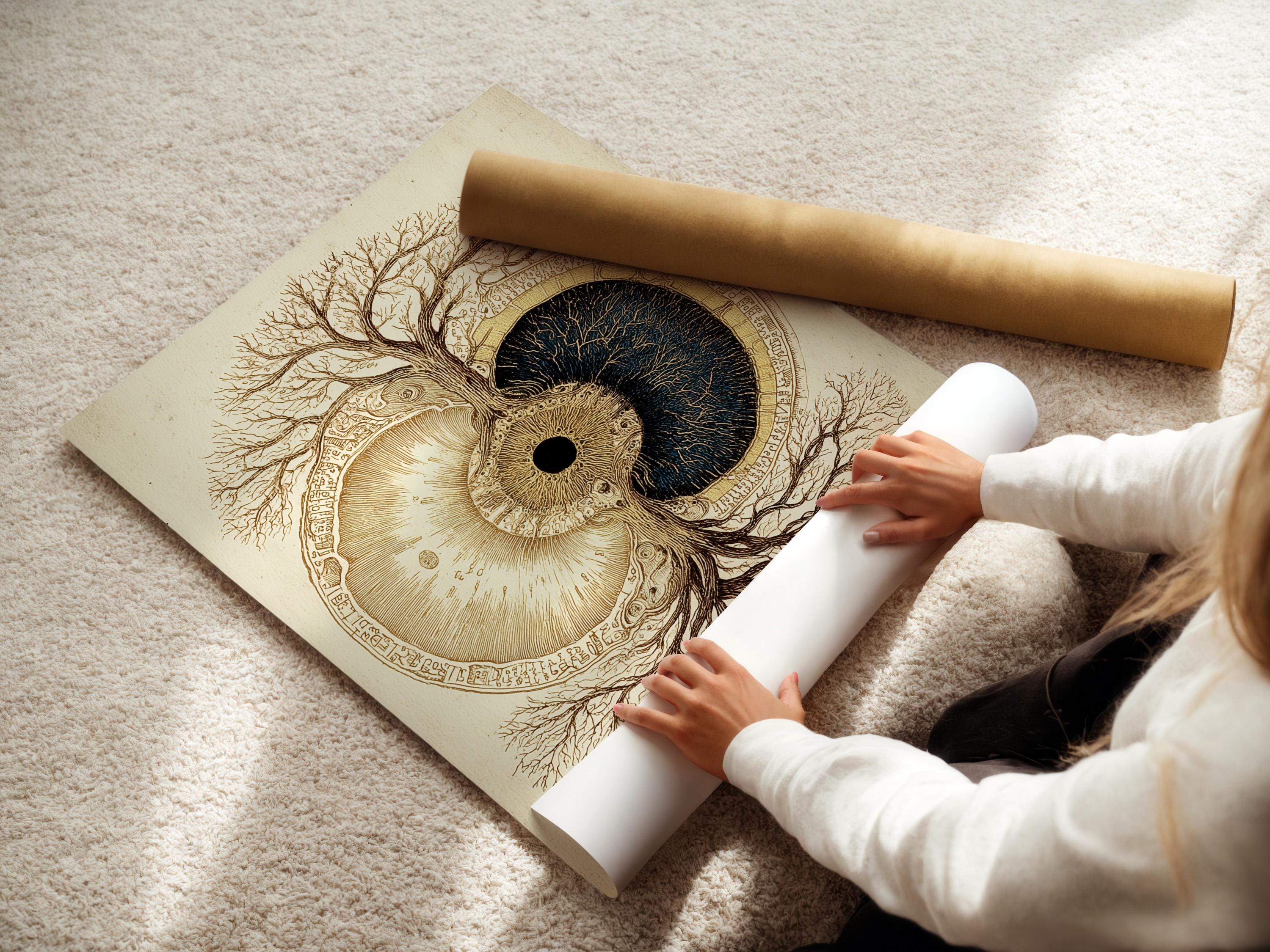 Tree of life symbol with gold and dark navy split circle on a beige background detail view