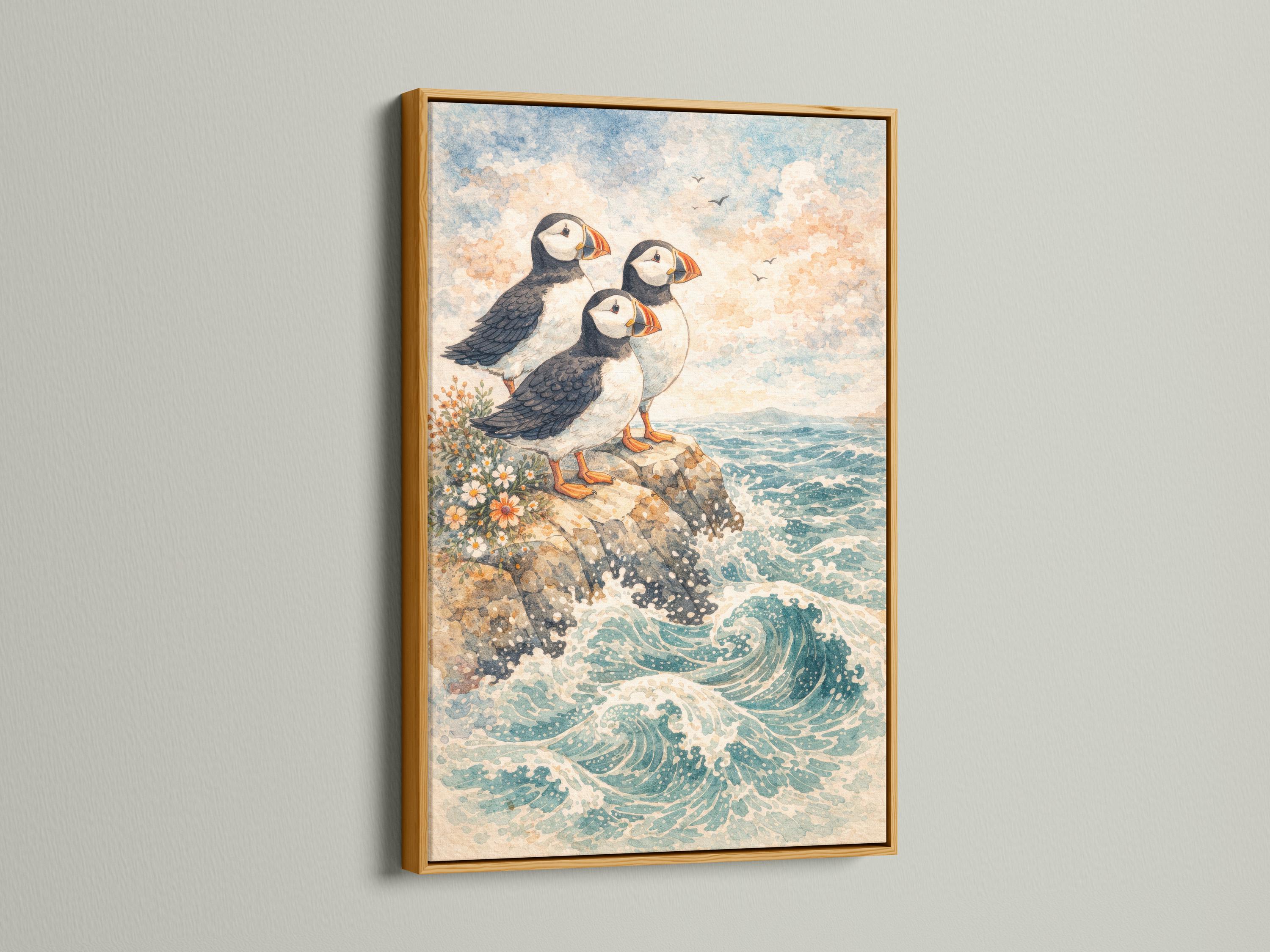 Illustrated puffins perched on a rocky cliff above swirling ocean waves with wildflowers and clouds detail view
