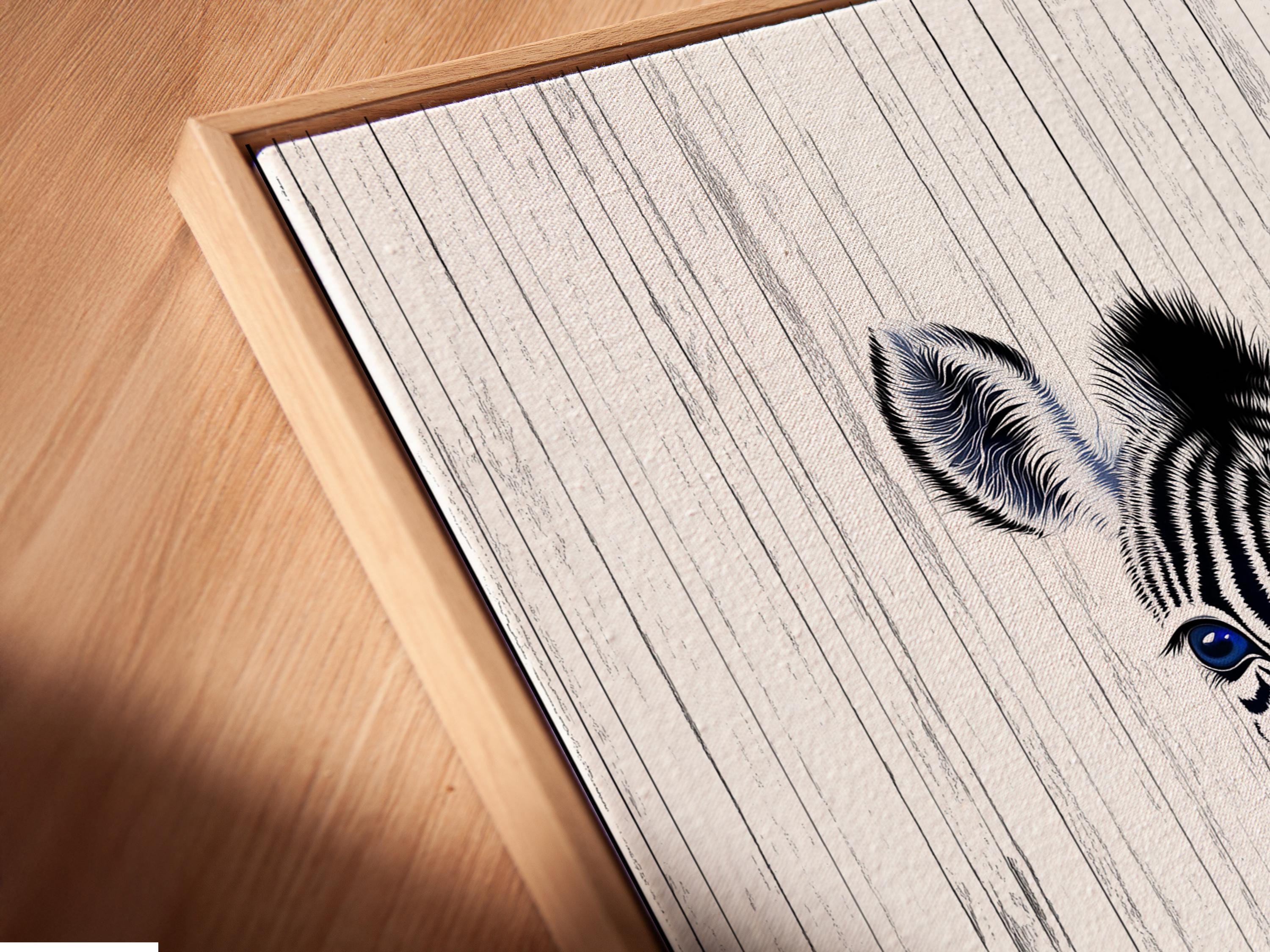 Room mockup showing framed zebra portrait wall art with black and white stripes and blue eyes