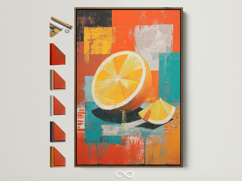 A bold orange-yellow citrus slice motif sits over layered patchwork blocks in orange, teal, yellow and charcoal, with painterly, distressed textures