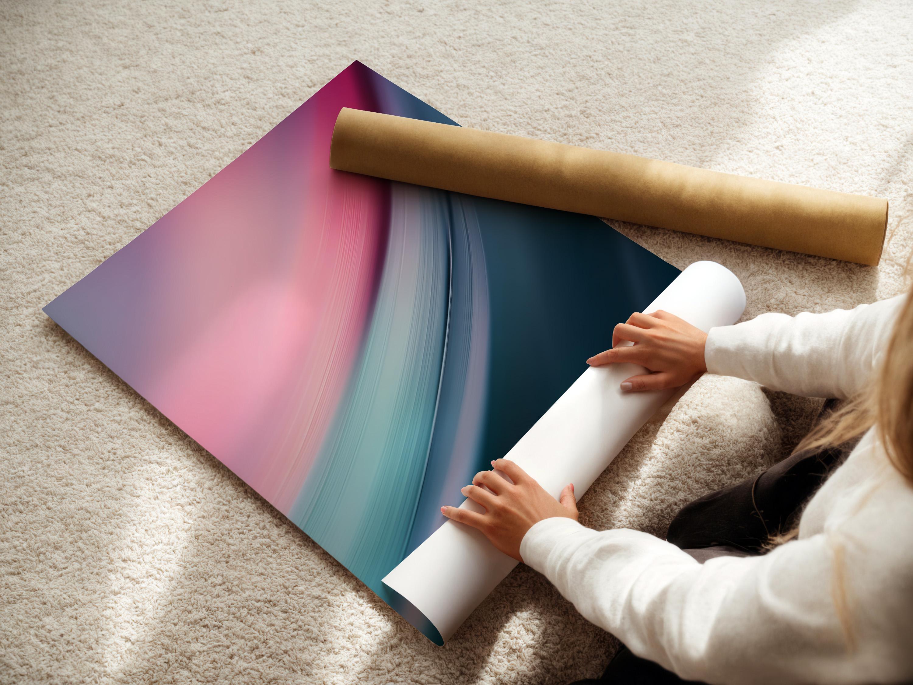 Abstract artwork with sweeping pink and teal curved gradients detail view