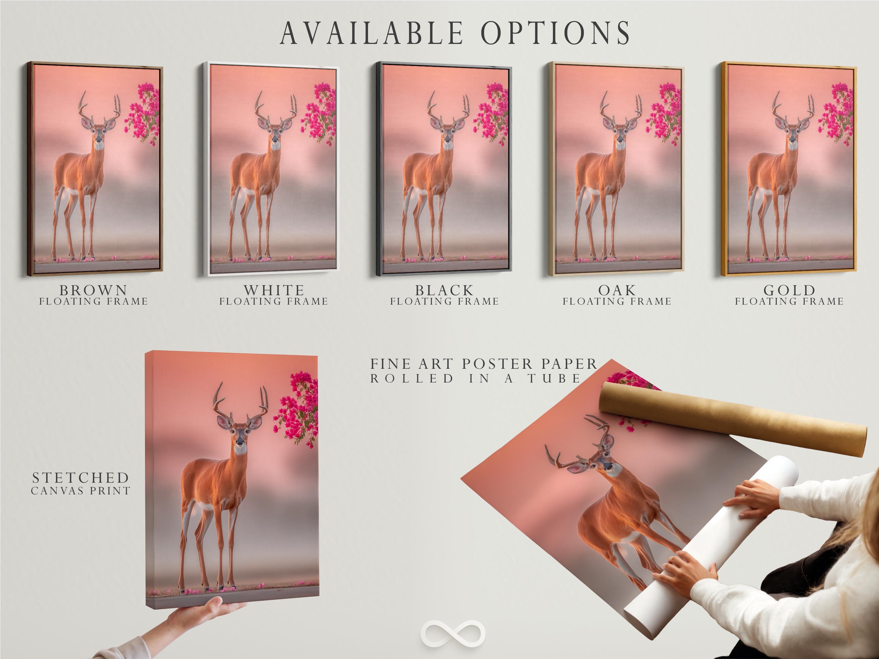Deer portrait with tall antlers against a blush pink background and pink blossoms detail view