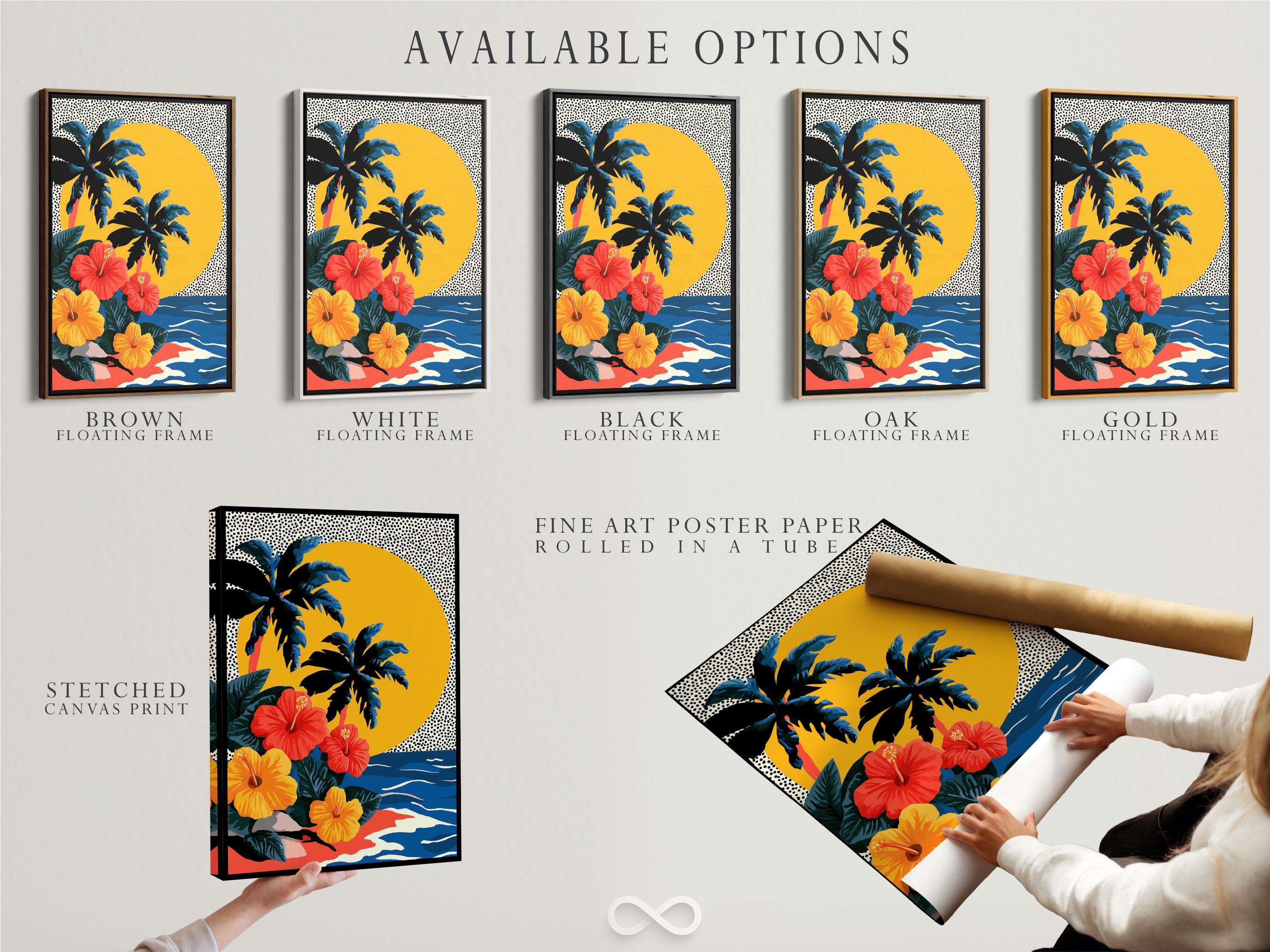 Wall mockup of tropical floral artwork with palm leaves, hibiscus-like flowers, waves and a yellow sun circle