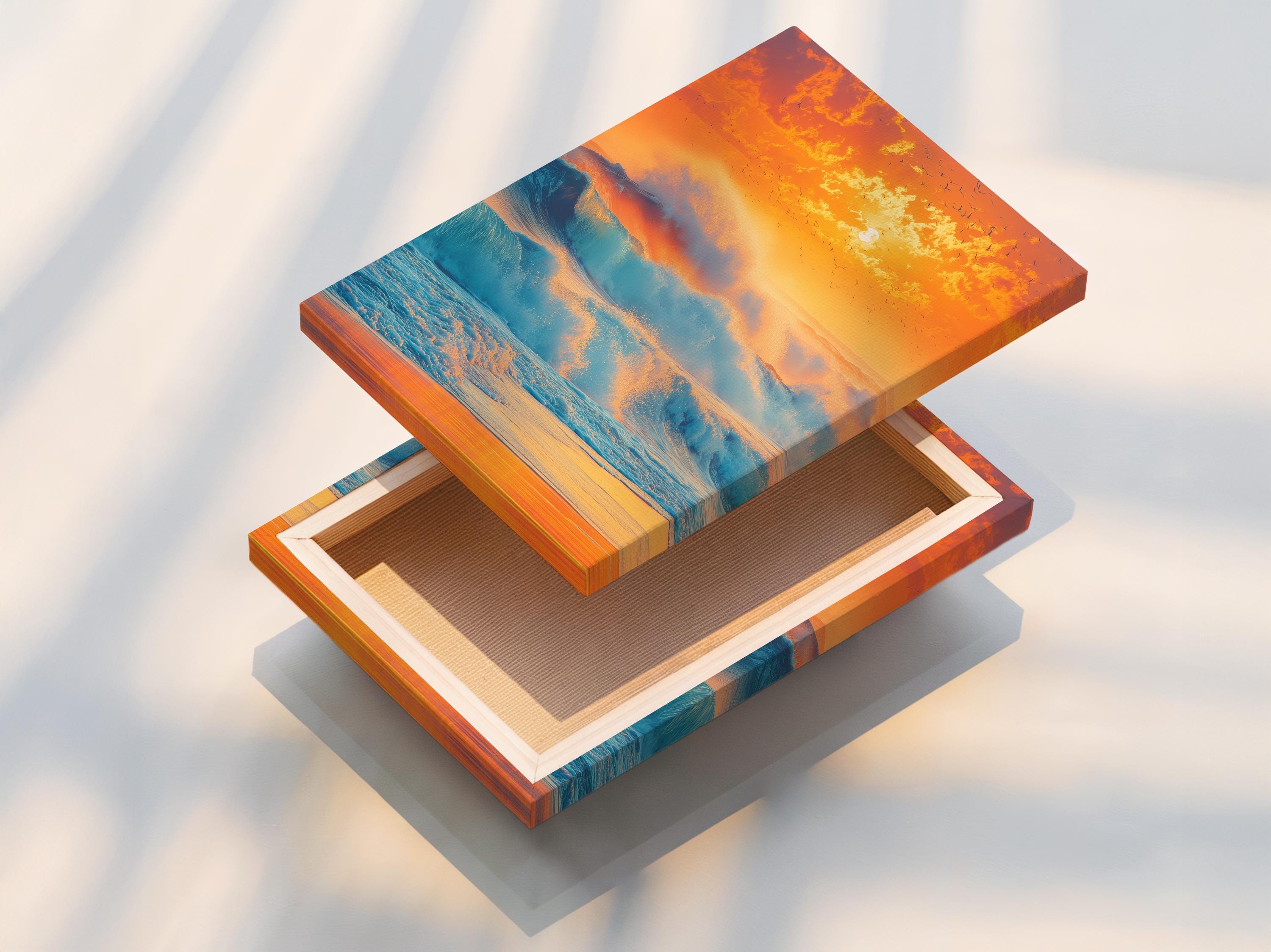 Sunset seascape with teal ocean waves, orange and gold sky, sun glow, and bird silhouettes detail view