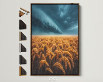 Wheat Field Canvas Art Print - Golden Grain & Dramatic Sky, Rustic Farmhouse Wall Decor, Neutral Landscape Poster, Country Style Artwork