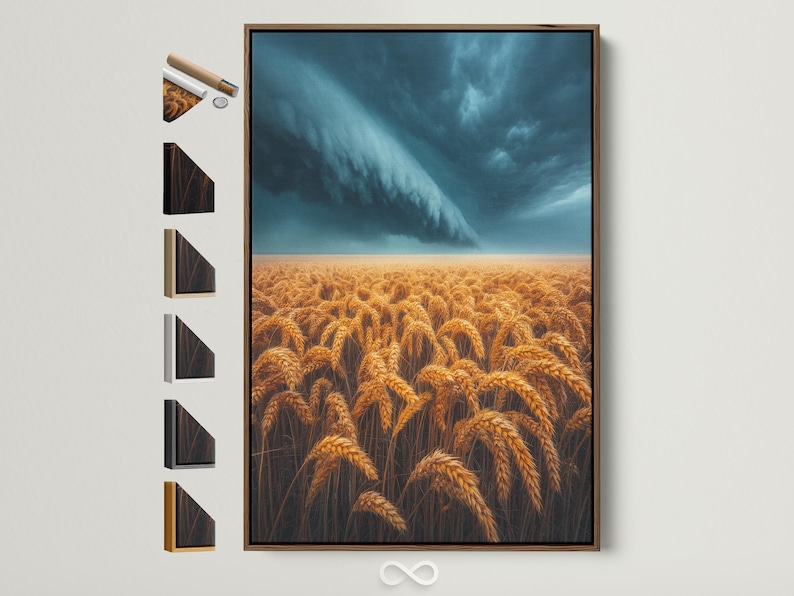 Golden wheat field under a stormy blue-grey sky with sweeping clouds and a bright horizon band