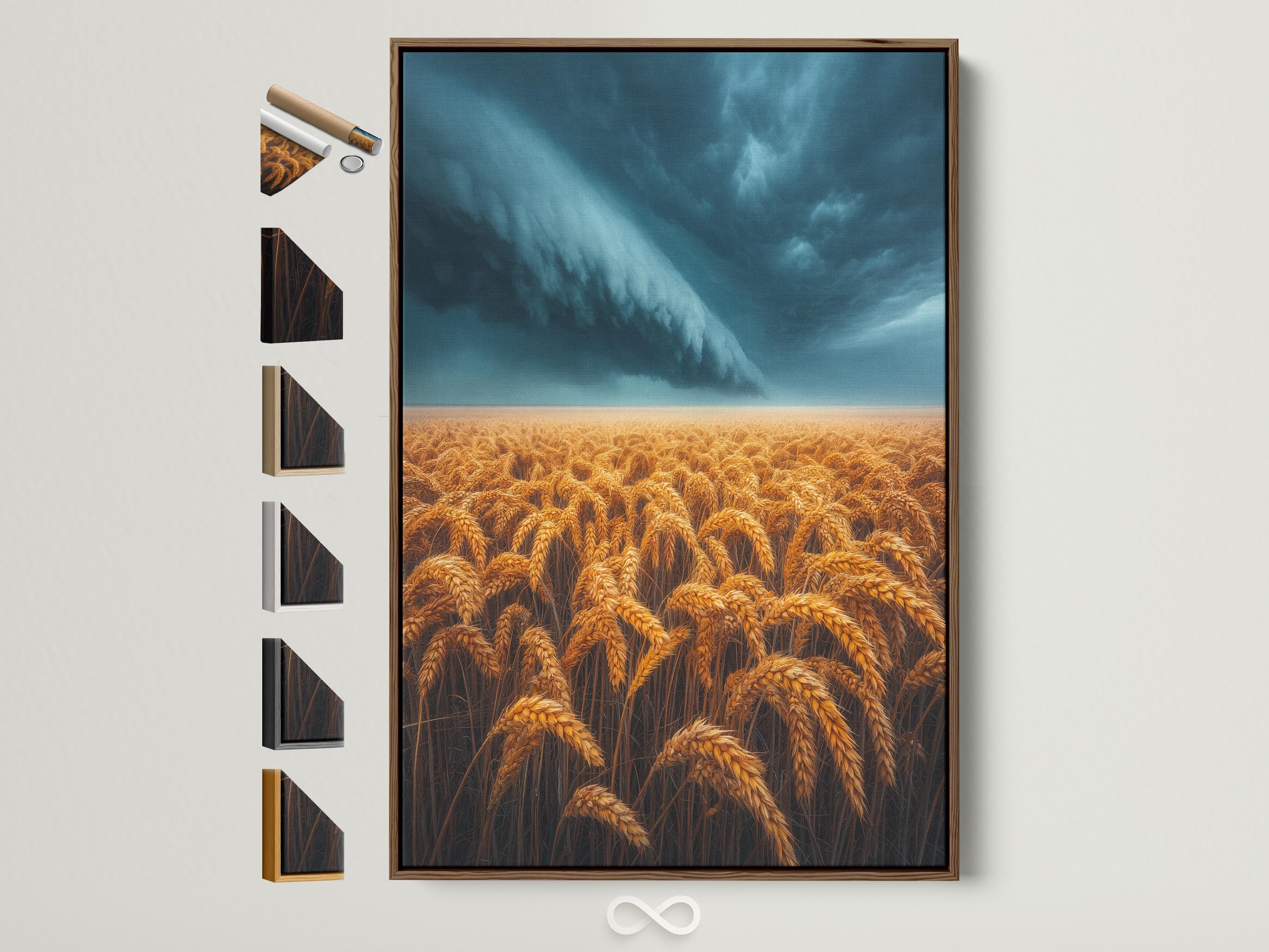 Golden wheat field under a stormy blue-grey sky with sweeping clouds and a bright horizon band