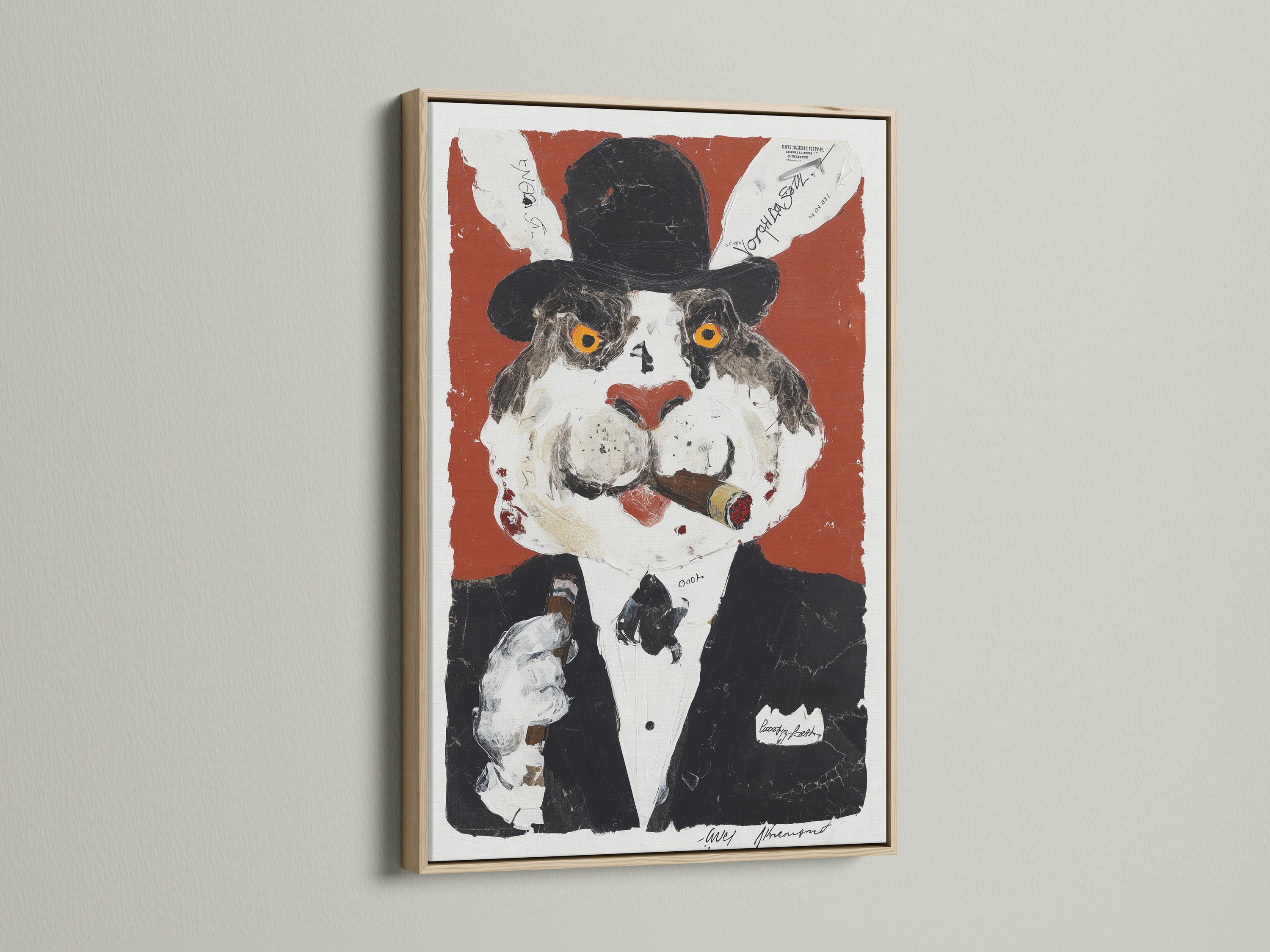 Room mockup showing a framed rabbit gentleman portrait on a wall