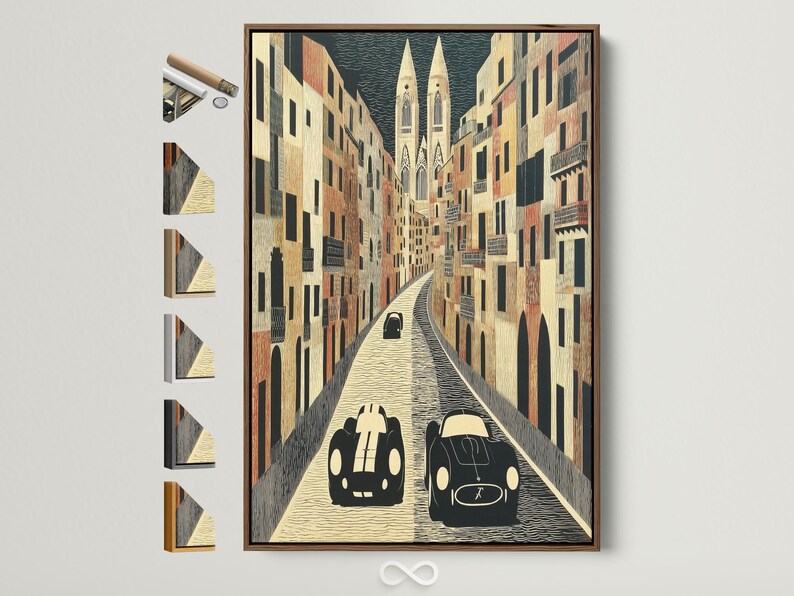 Retro cars on a textured city street with tall buildings and a patterned sky