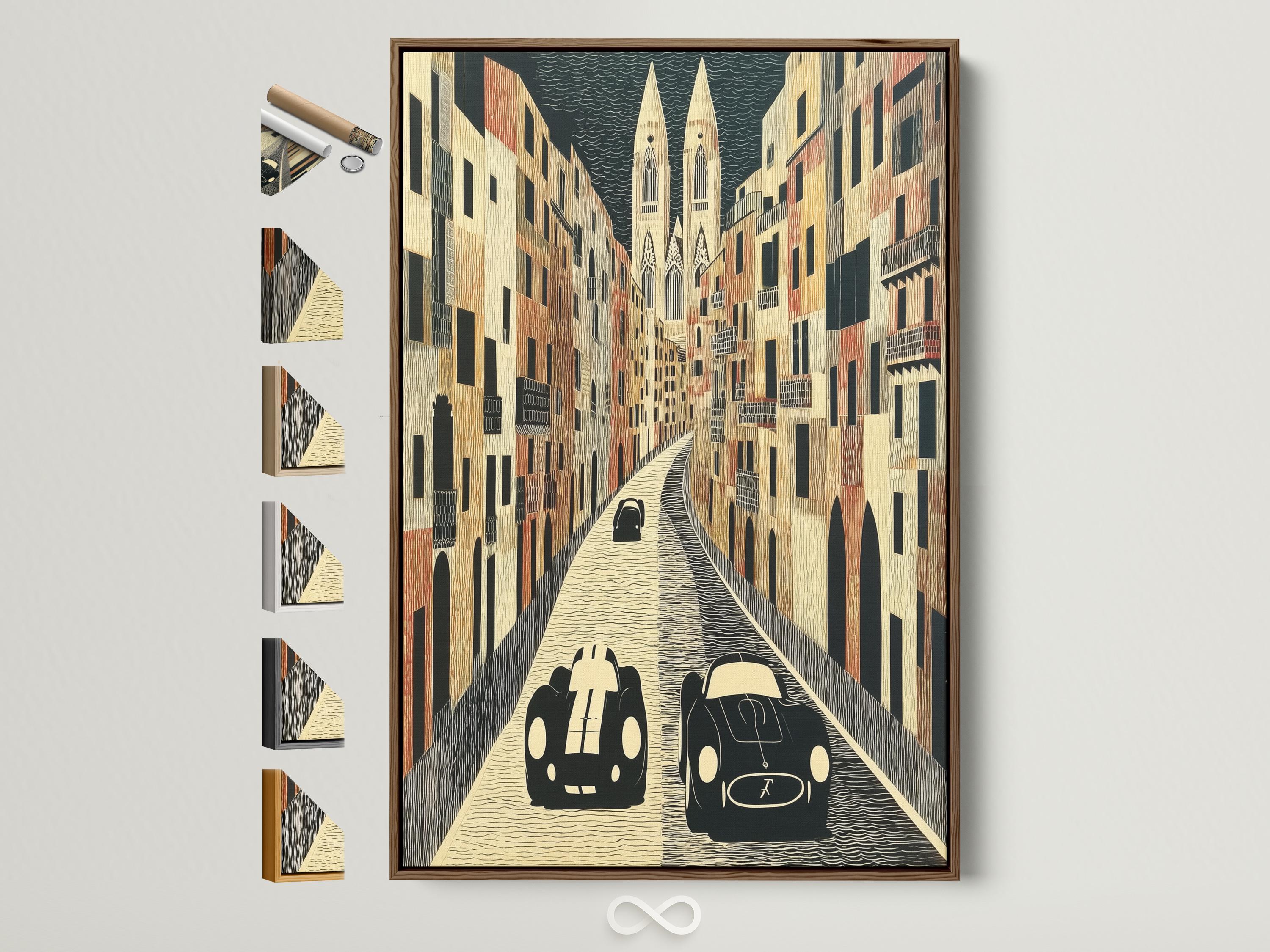Retro cars on a textured city street with tall buildings and a patterned sky