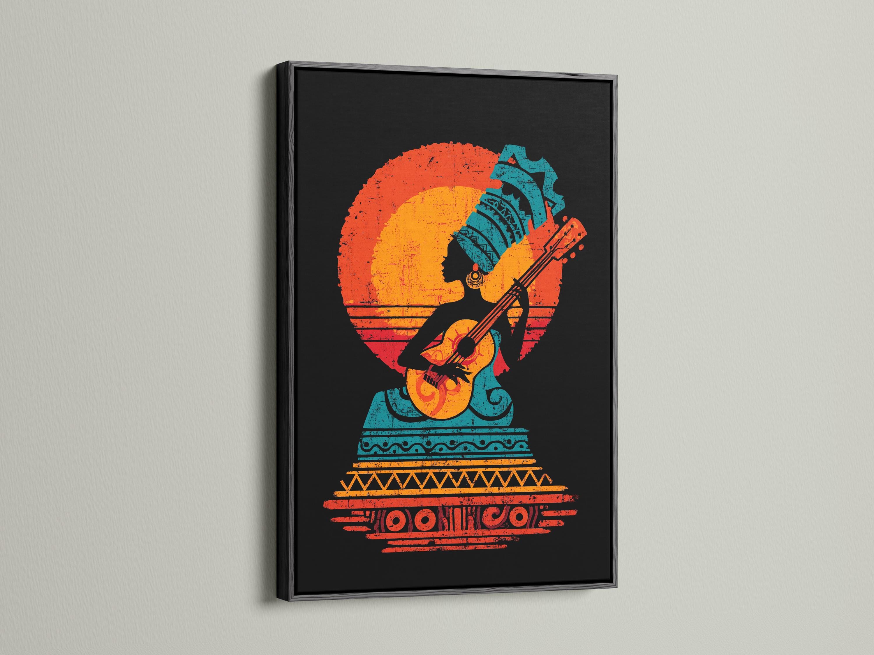 Stylised guitar player silhouette with orange-red sunburst and teal tribal pattern on a black background detail view
