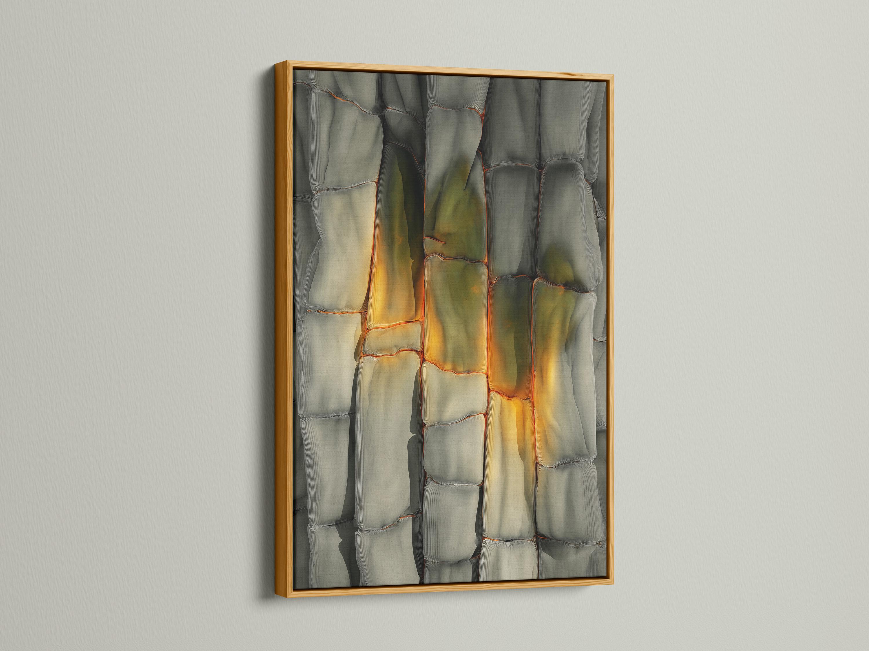 Abstract stone-texture artwork with cool grey blocks and warm beige-gold highlights in a rectangular frame detail view
