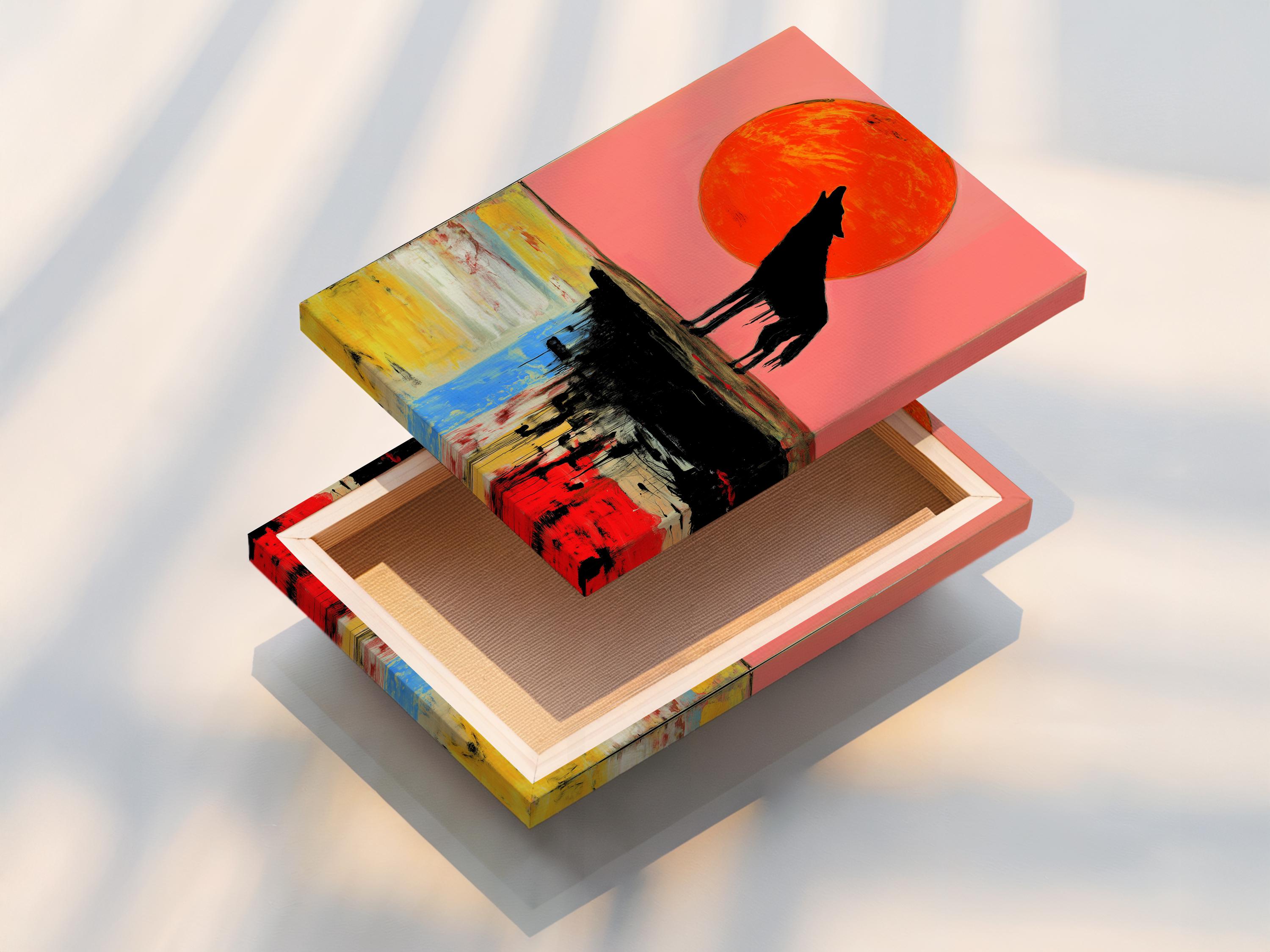 Black howling wolf silhouette under an orange-red full moon with abstract multicolour reflection detail view