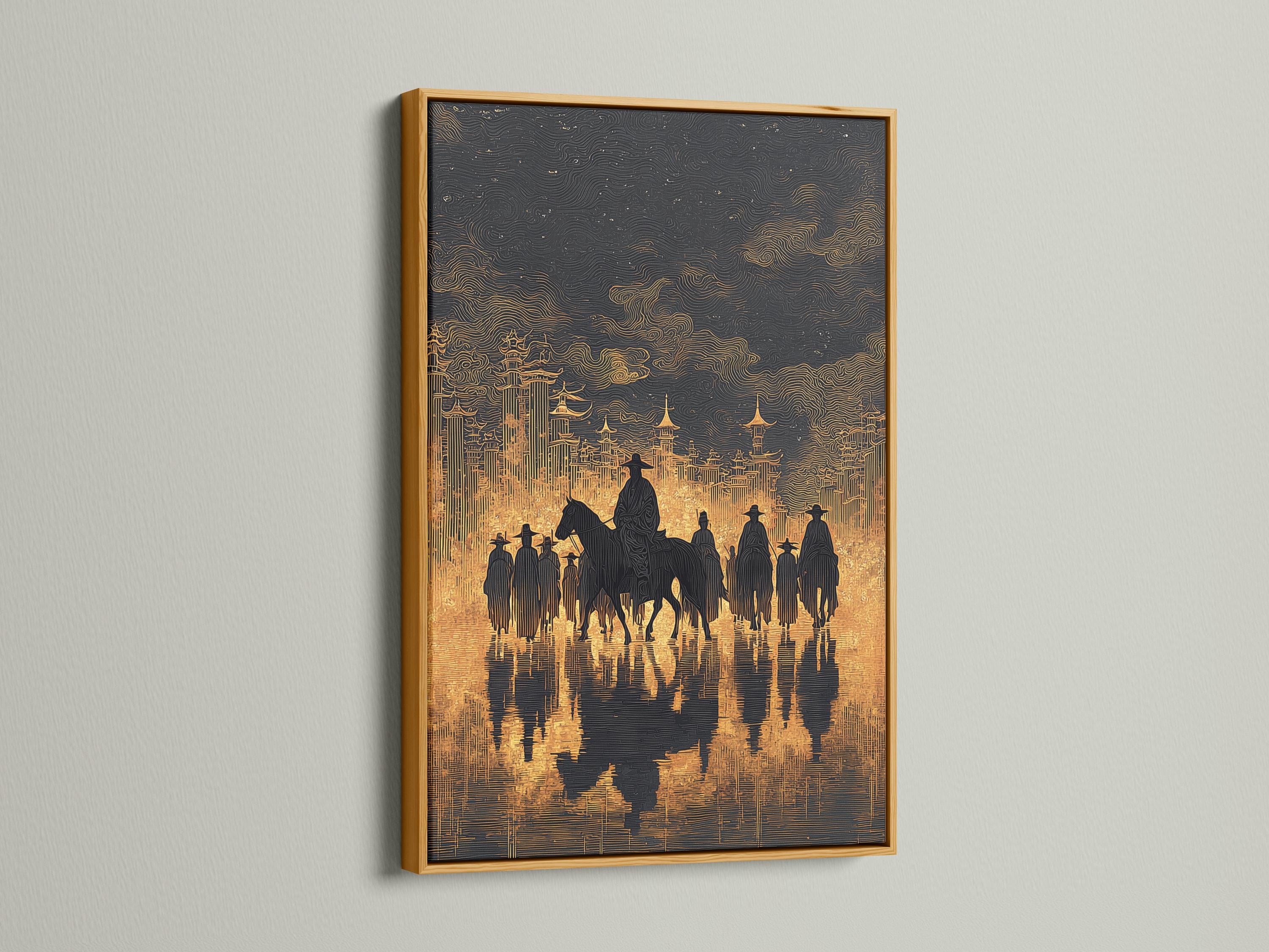 Cowboy riders on horseback in dark silhouettes with a black and gold skyline backdrop detail view