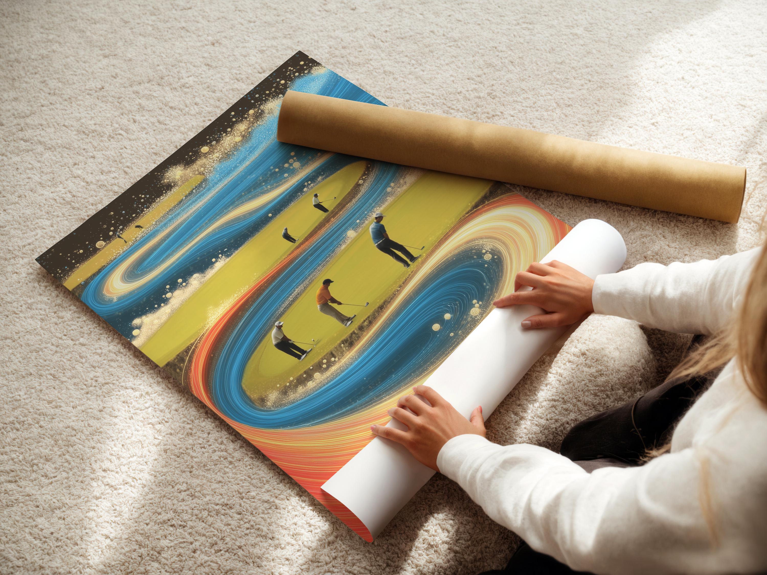 Abstract golf course scene with swirling blue and gold motion bands and small golfer figures detail view