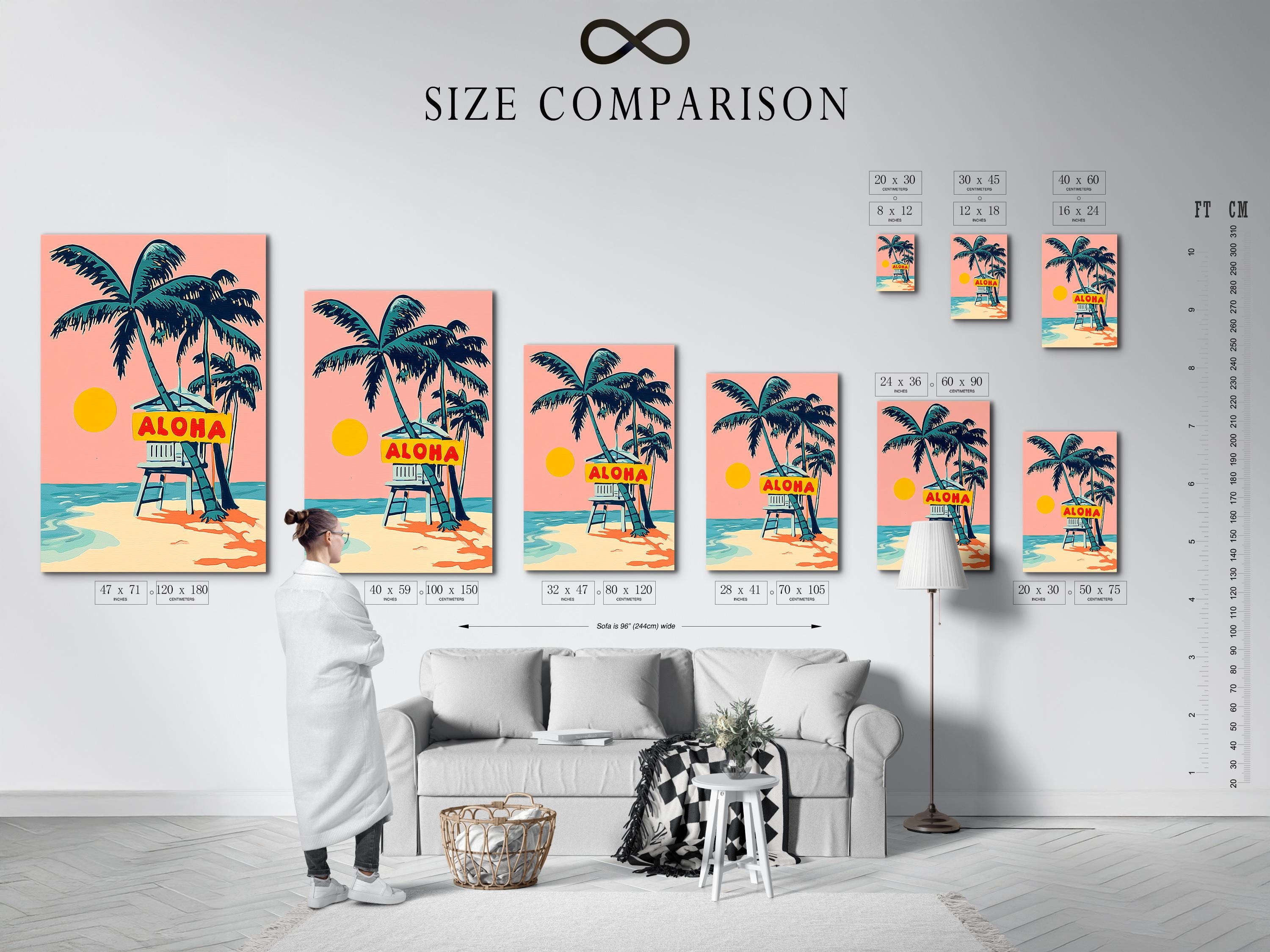 Retro tropical beach artwork with a palm tree, deck chair, ocean waves and ALOHA sign detail view