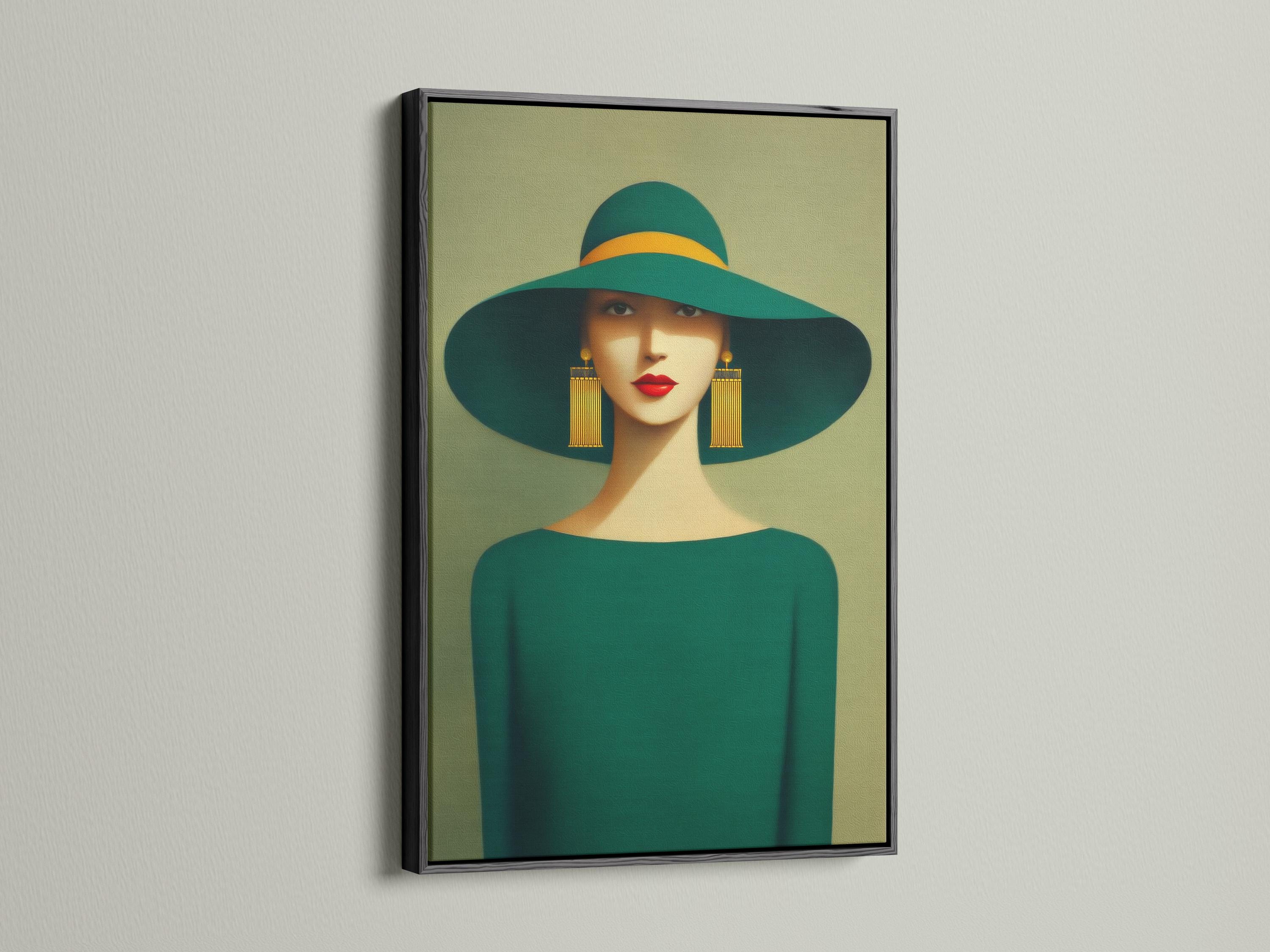 Mockup of a framed stylised woman portrait with a wide green hat and teal outfit