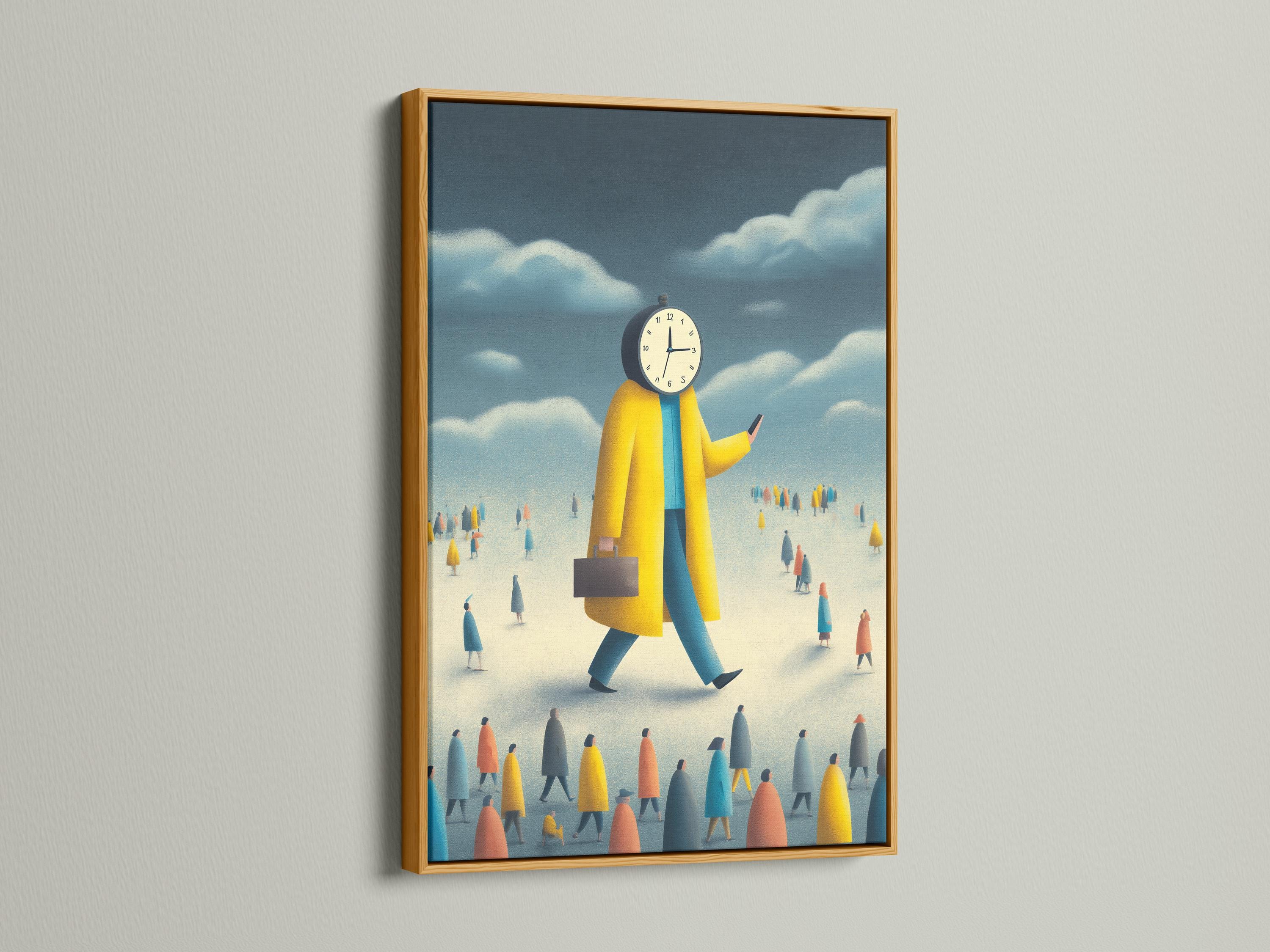 Mockup showing a framed clock-headed figure artwork in yellow and blue on a wall with supporting thumbnail views