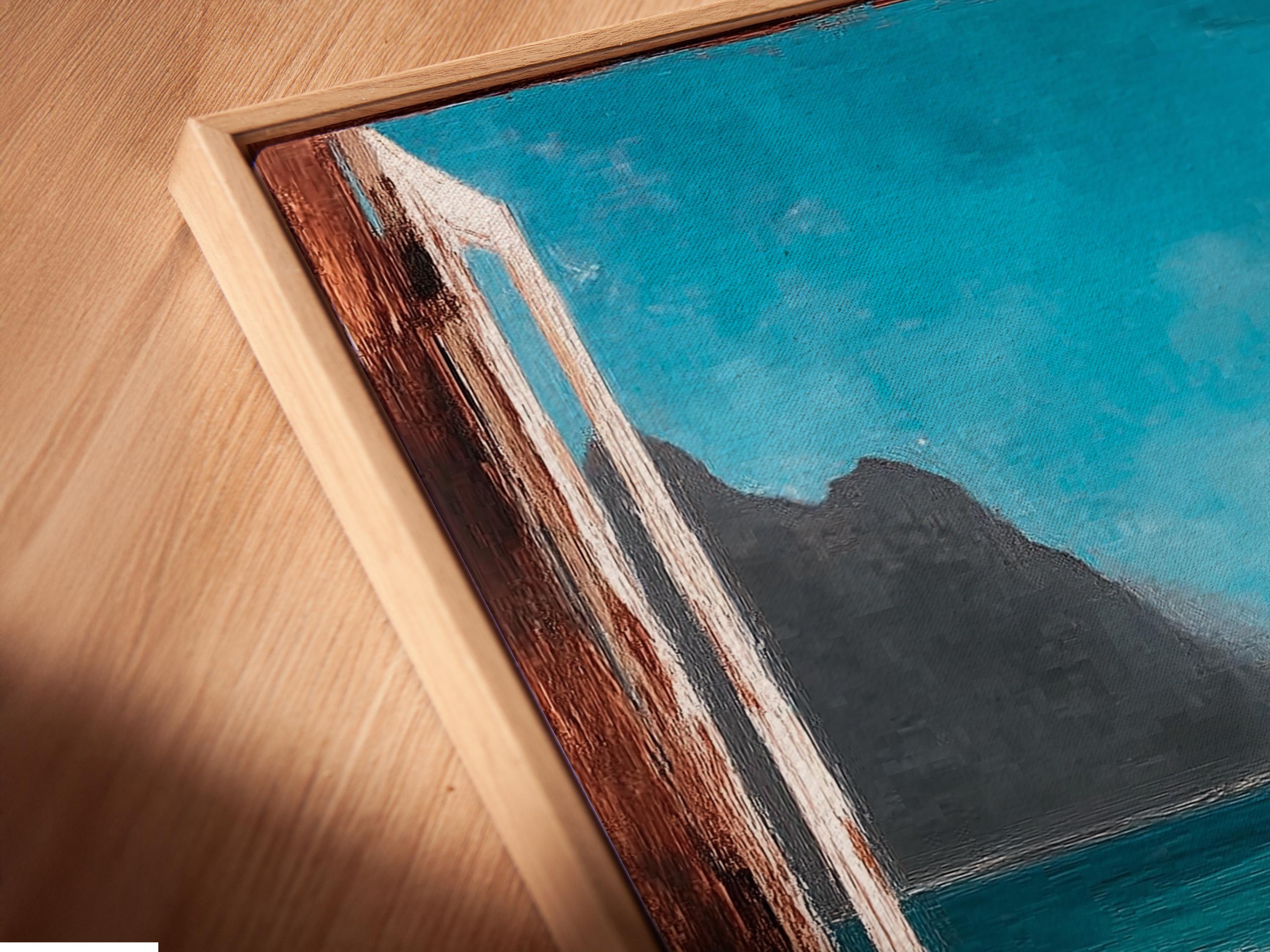 Room mockup showing a framed doorway seascape artwork with turquoise sea and mountains