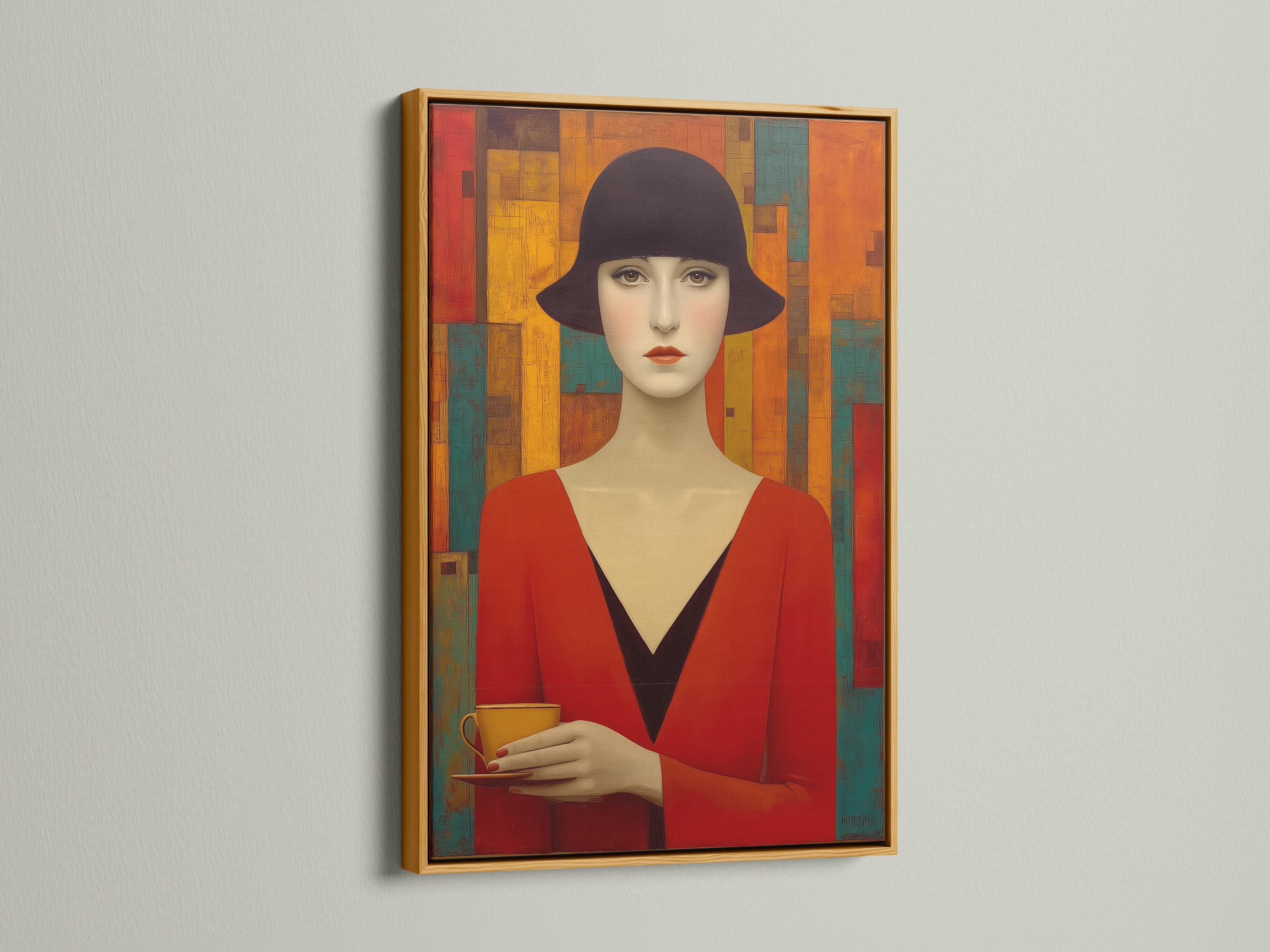 Stylised woman portrait with dark hat, red dress and geometric Art Deco blocks in red, gold and teal detail view