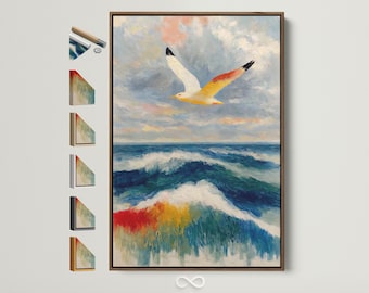 Seagull Canvas Print - Colorful Coastal Artwork, Ocean Wave Art, Beach House Wall Decor, Nautical Bird Painting for Living Room, Entryway