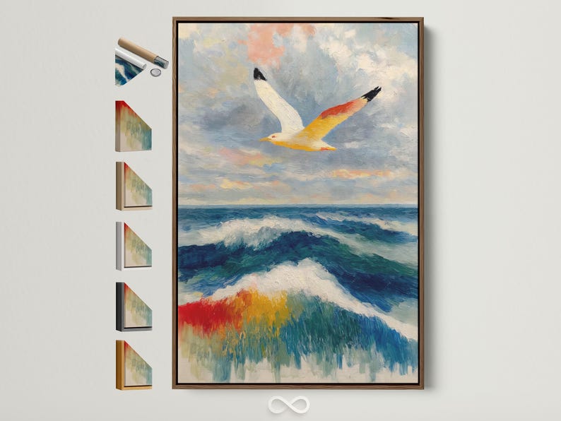Painterly seagull flying above blue ocean waves with white foam and cloudy sky